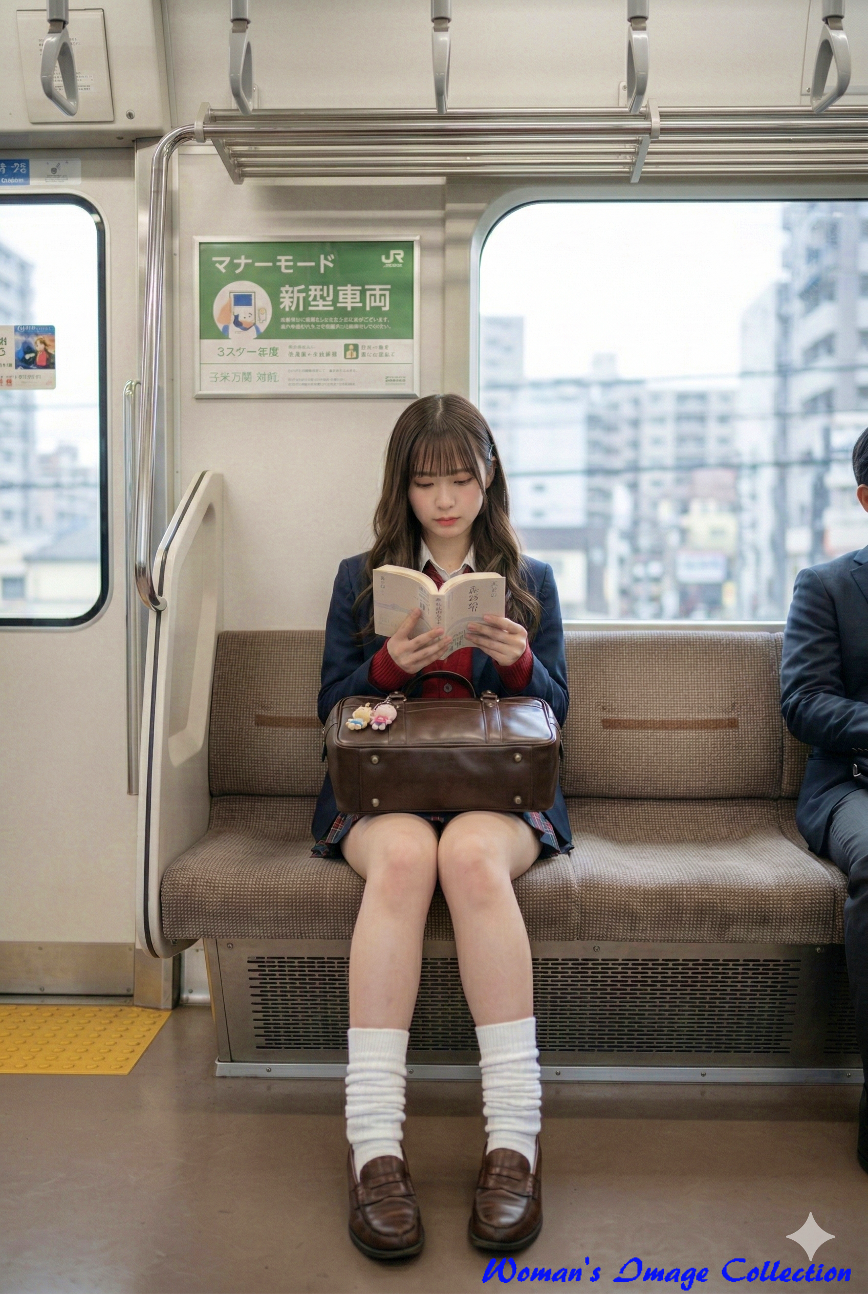 正面から捉えた電車内で読書する制服姿の女子高生の実写風シネマティック画像