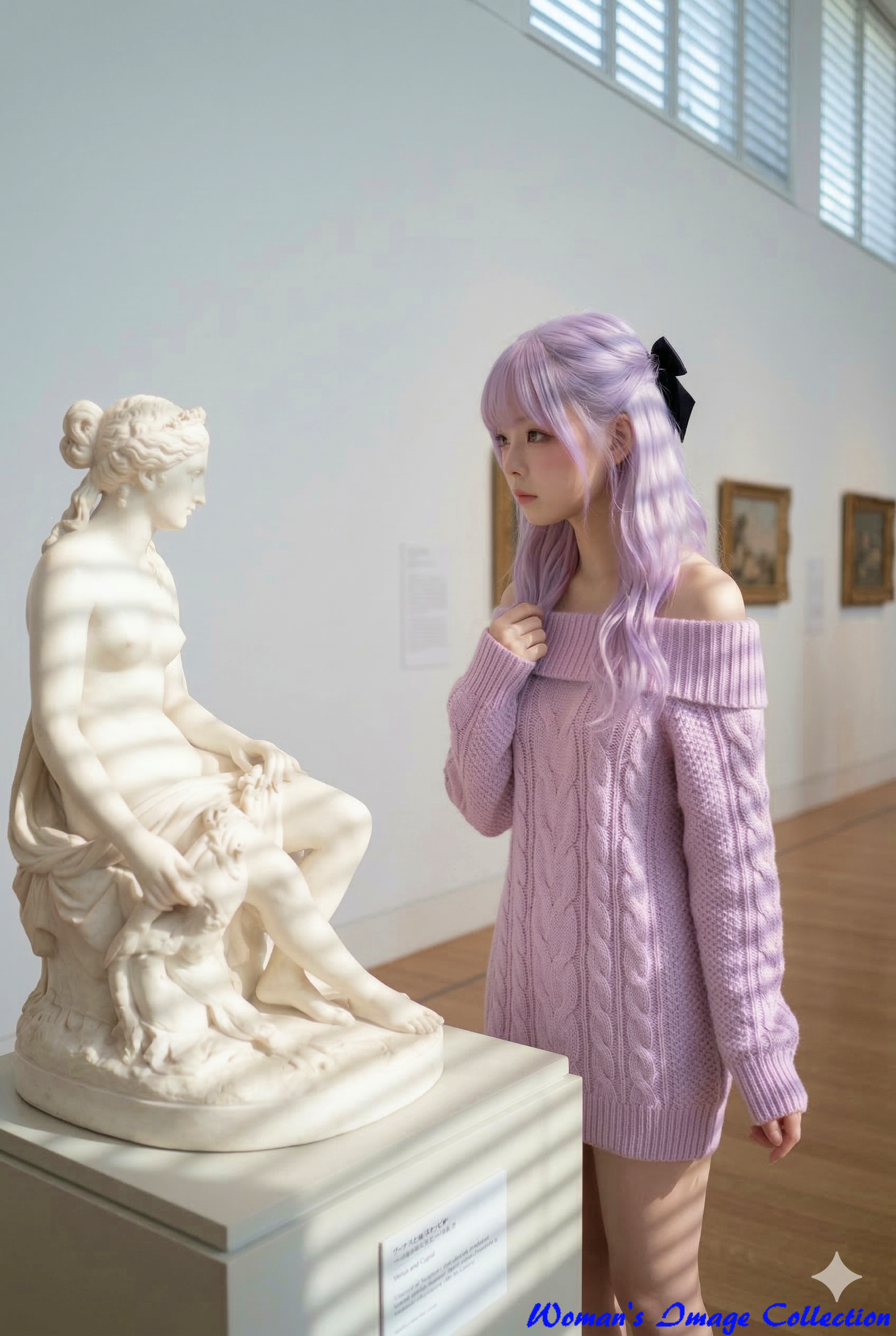 美術館で彫像を鑑賞する少女の少し寄った構図