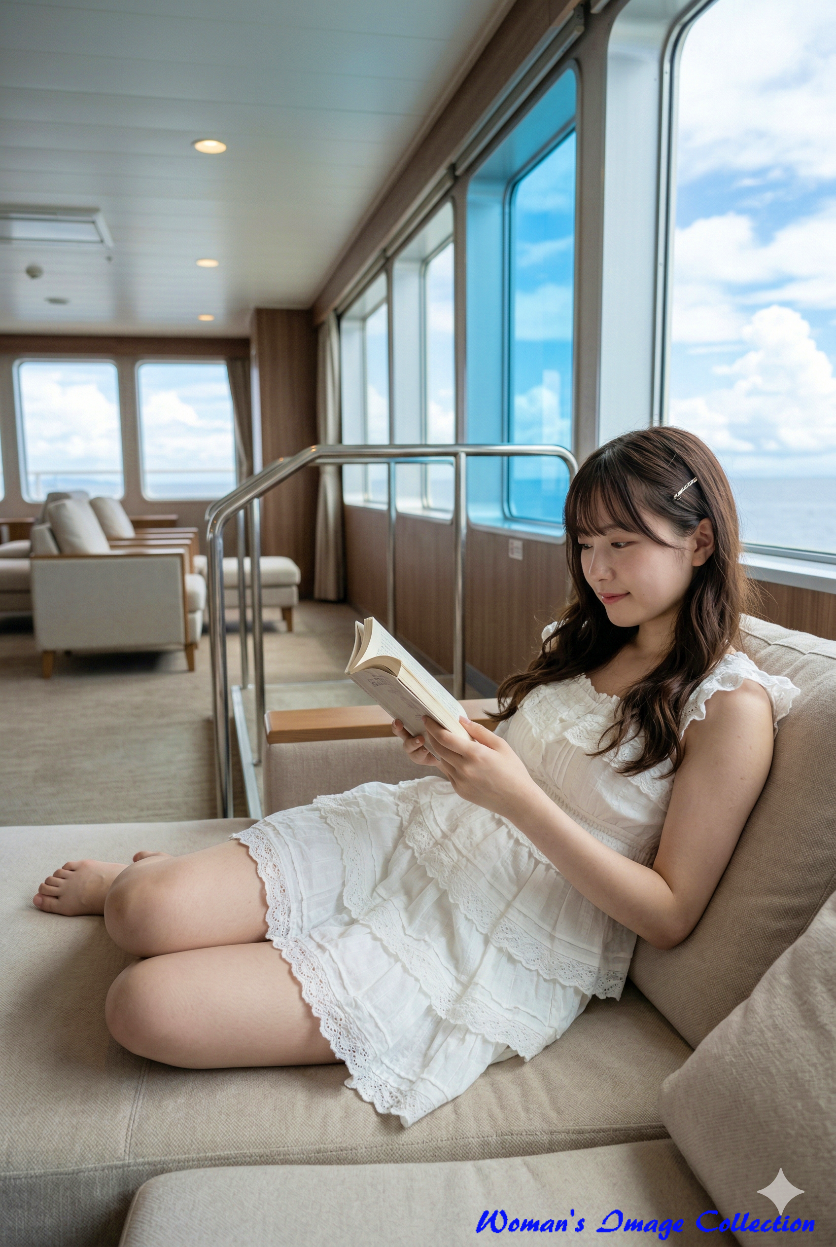 フェリーのソファ席で足を伸ばしてくつろぐ白いドレスの女性(Gemini)