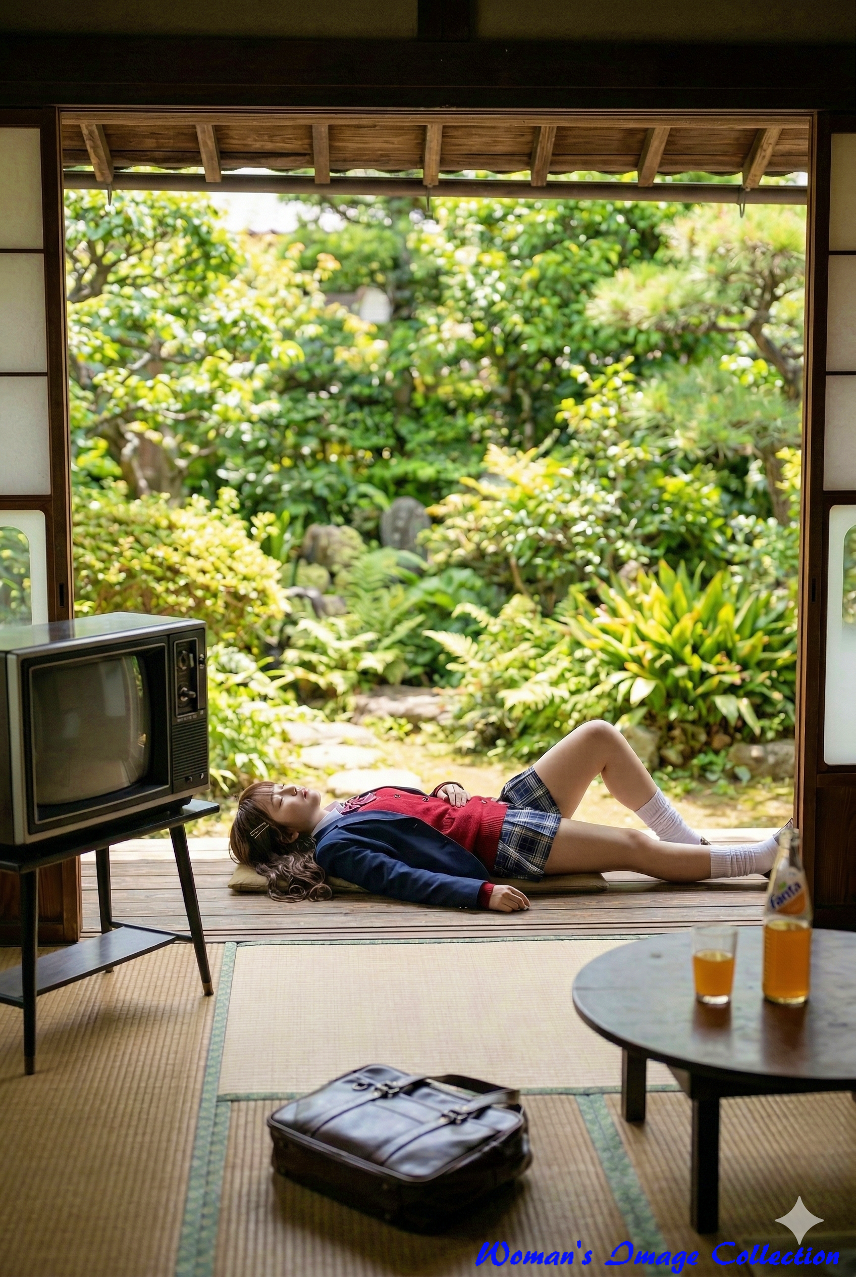 緑豊かな庭に面した和室の縁側で、仰向けに寝転がり目を閉じている制服姿（赤いカーディガンに紺のジャケット、チェックのスカート）の女子高生。昭和レトロなフォトリアルスタイル Gemini