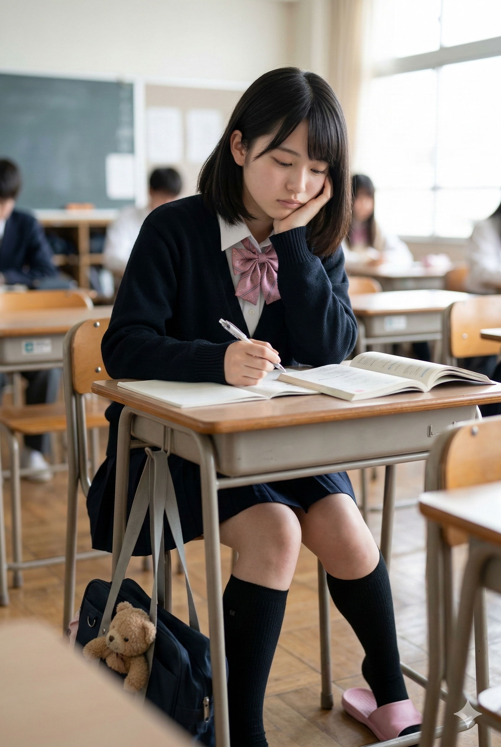 頬杖をついて勉強する黒髪ボブの女子学生とクマのぬいぐるみ
