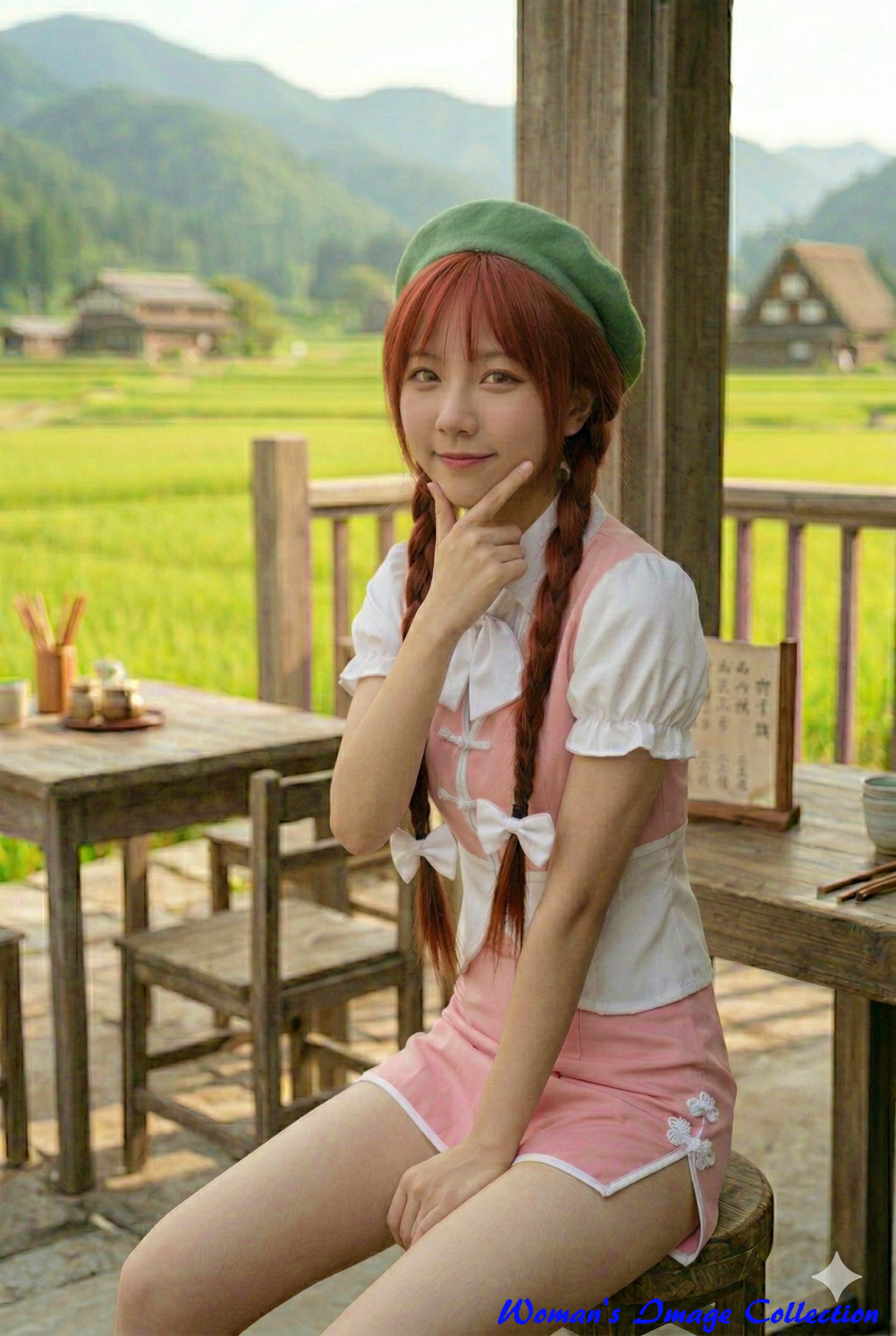 指を顎に当てて微笑む赤髪おさげの女性のAI画像