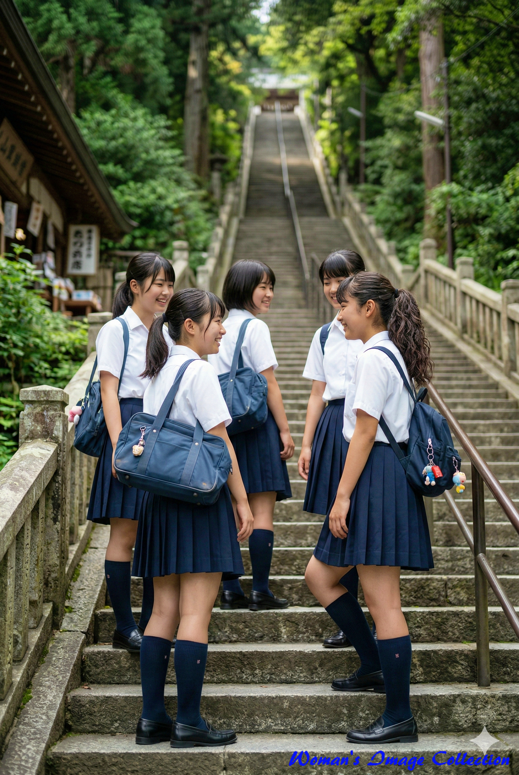 神社へと続く長い石段で、足を止めて楽しげに談笑する夏の制服姿の女子高生たち(超リアルな写真スタイル、Gemini生成)
