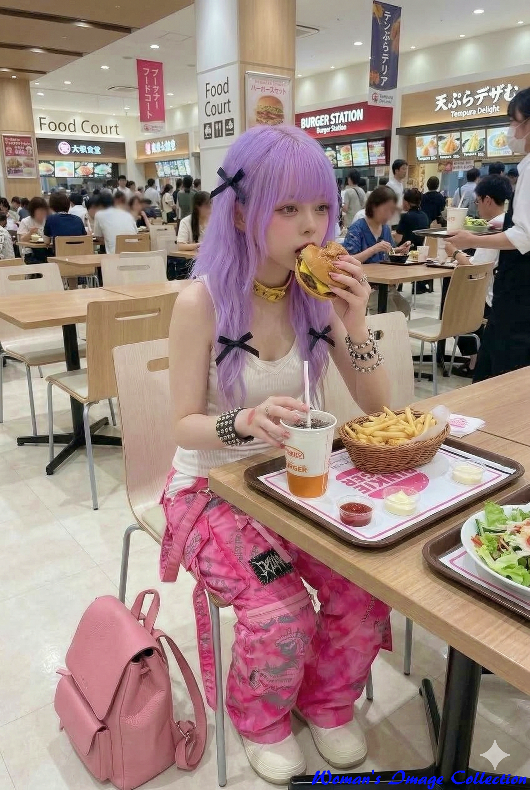 フードコートでハンバーガーを食べる紫髪の女性の近景画像