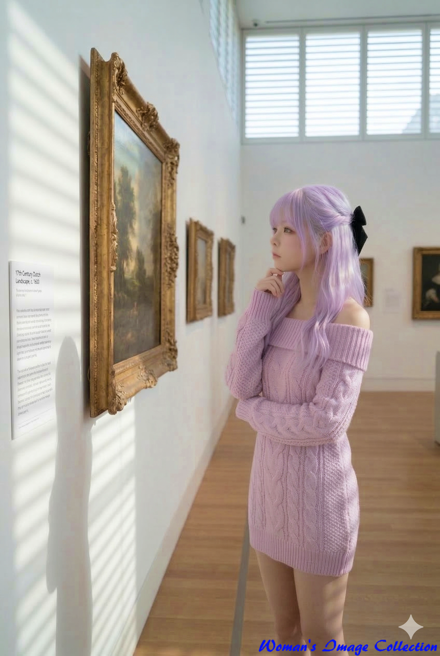 美術館で絵画を前に手を顎に当てて思案する少女