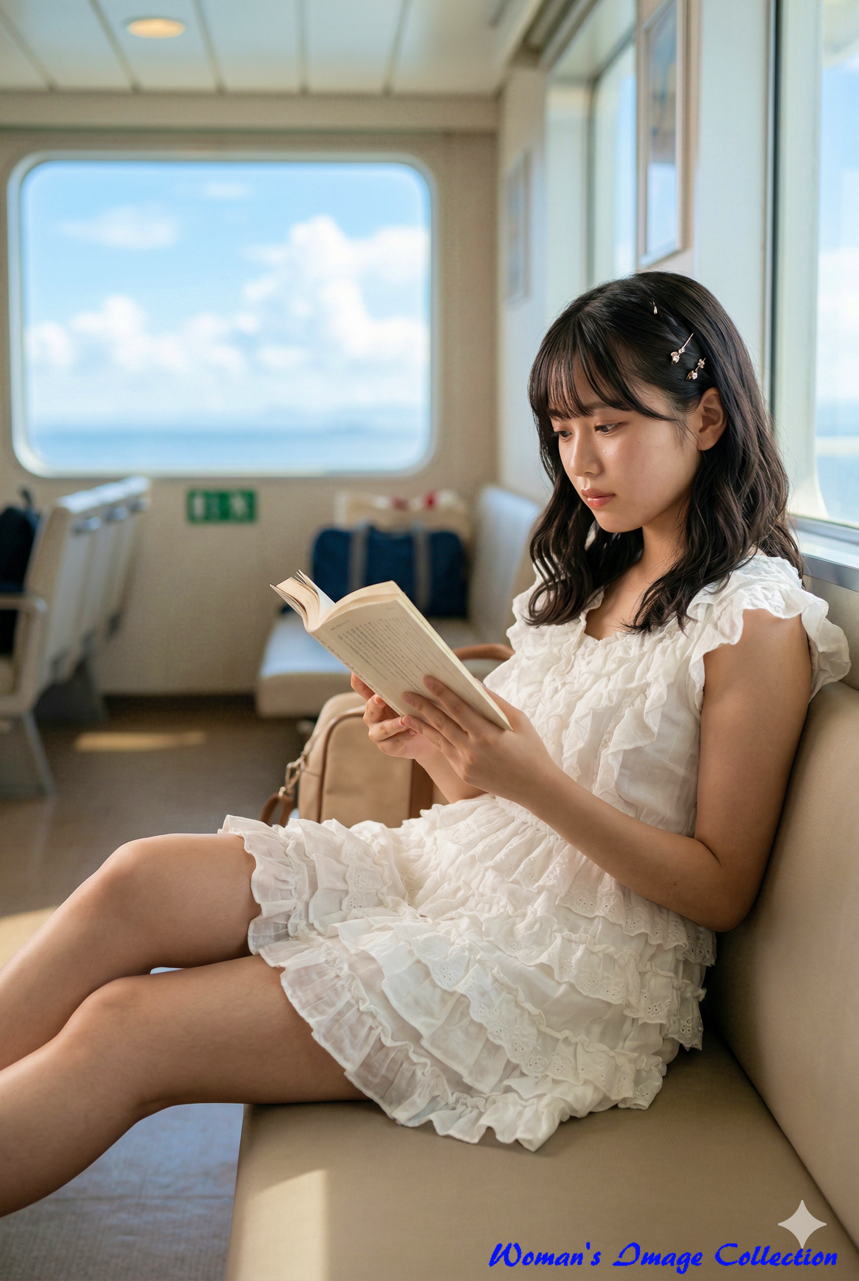 フェリーの窓辺の席で本を読む白いフリルドレスの女性の写真風画像（Gemini）