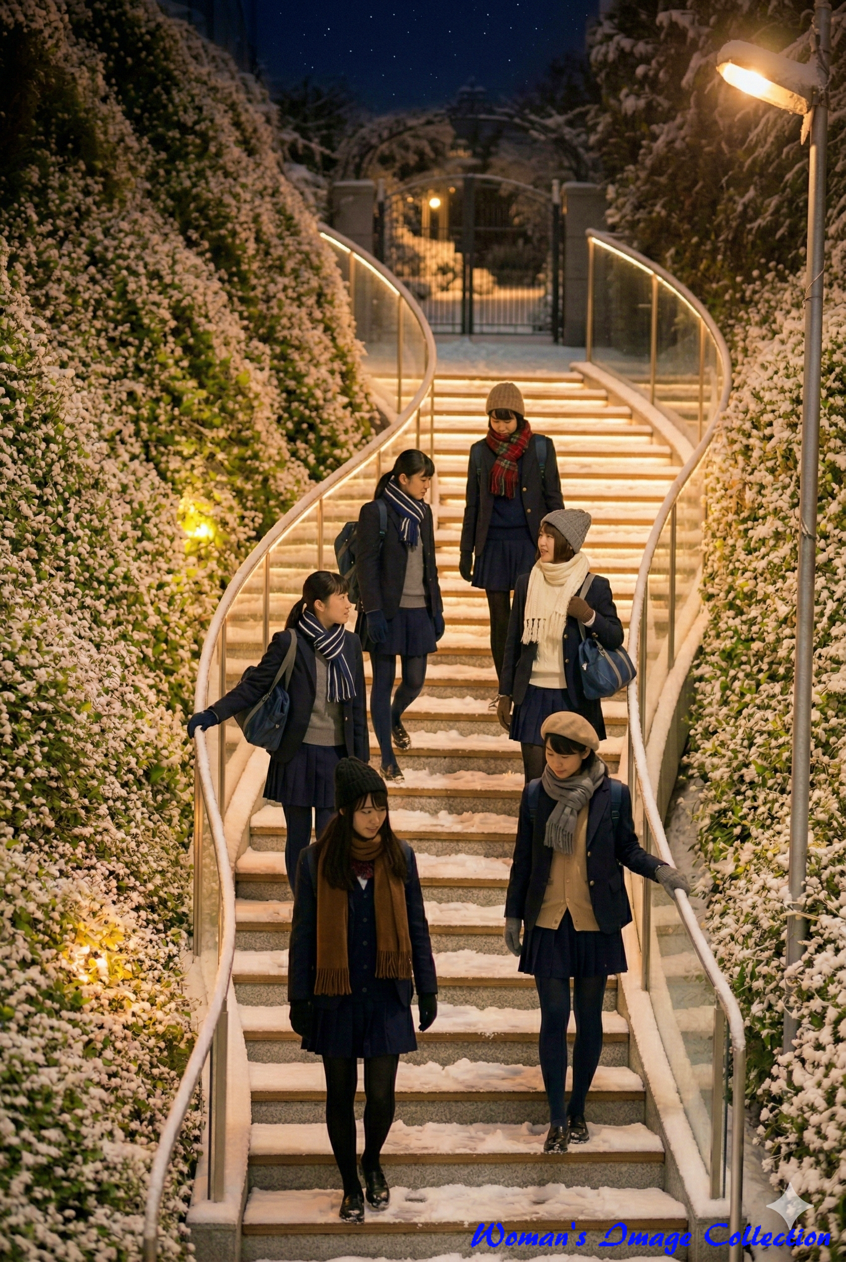 間接照明でライトアップされた雪の積もる夜の階段を下りる、冬服の女子高生たち(超リアルな写真スタイル、Gemini生成)