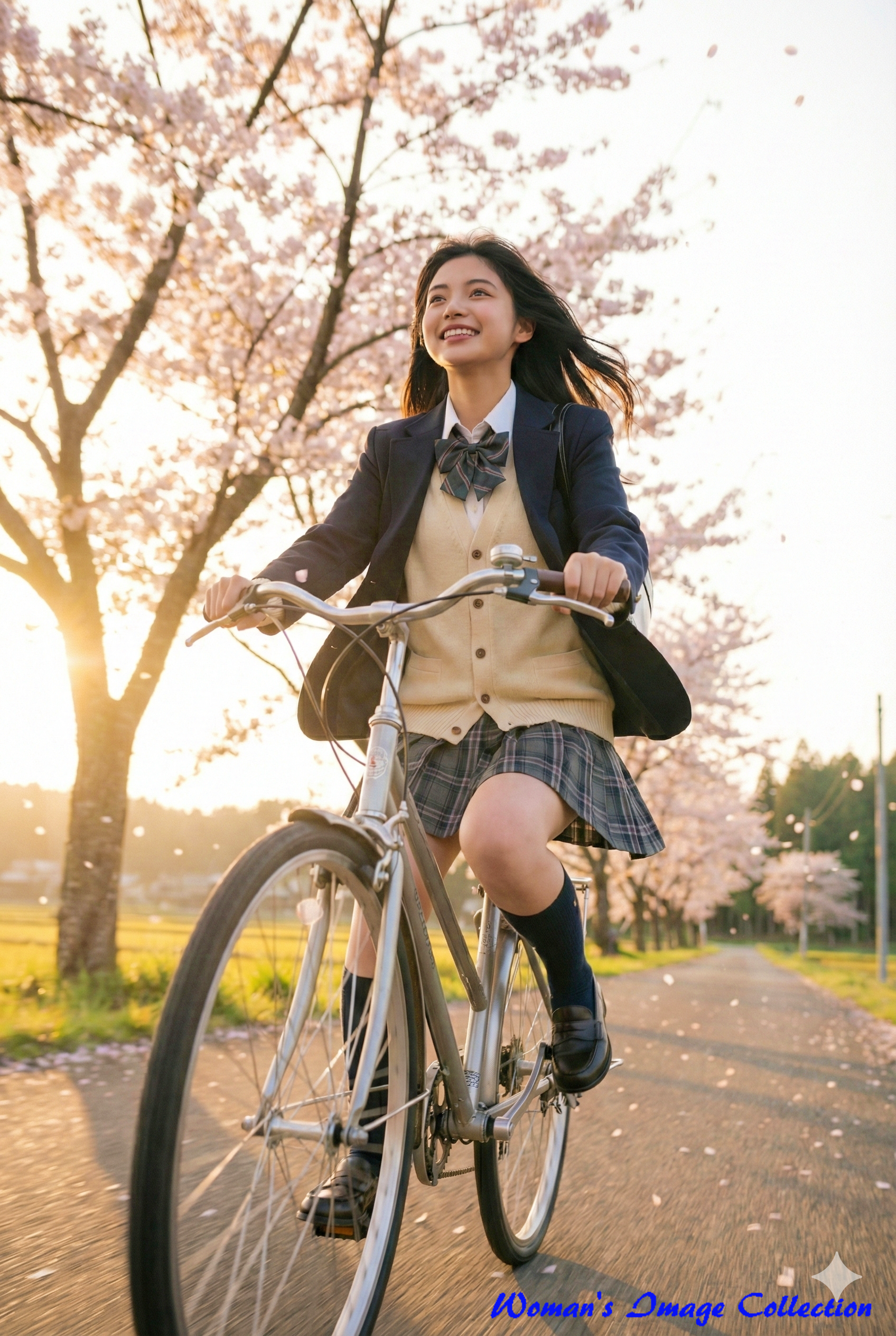 夕日差し込む満開の桜並木を自転車で笑顔で走り抜ける女子高生