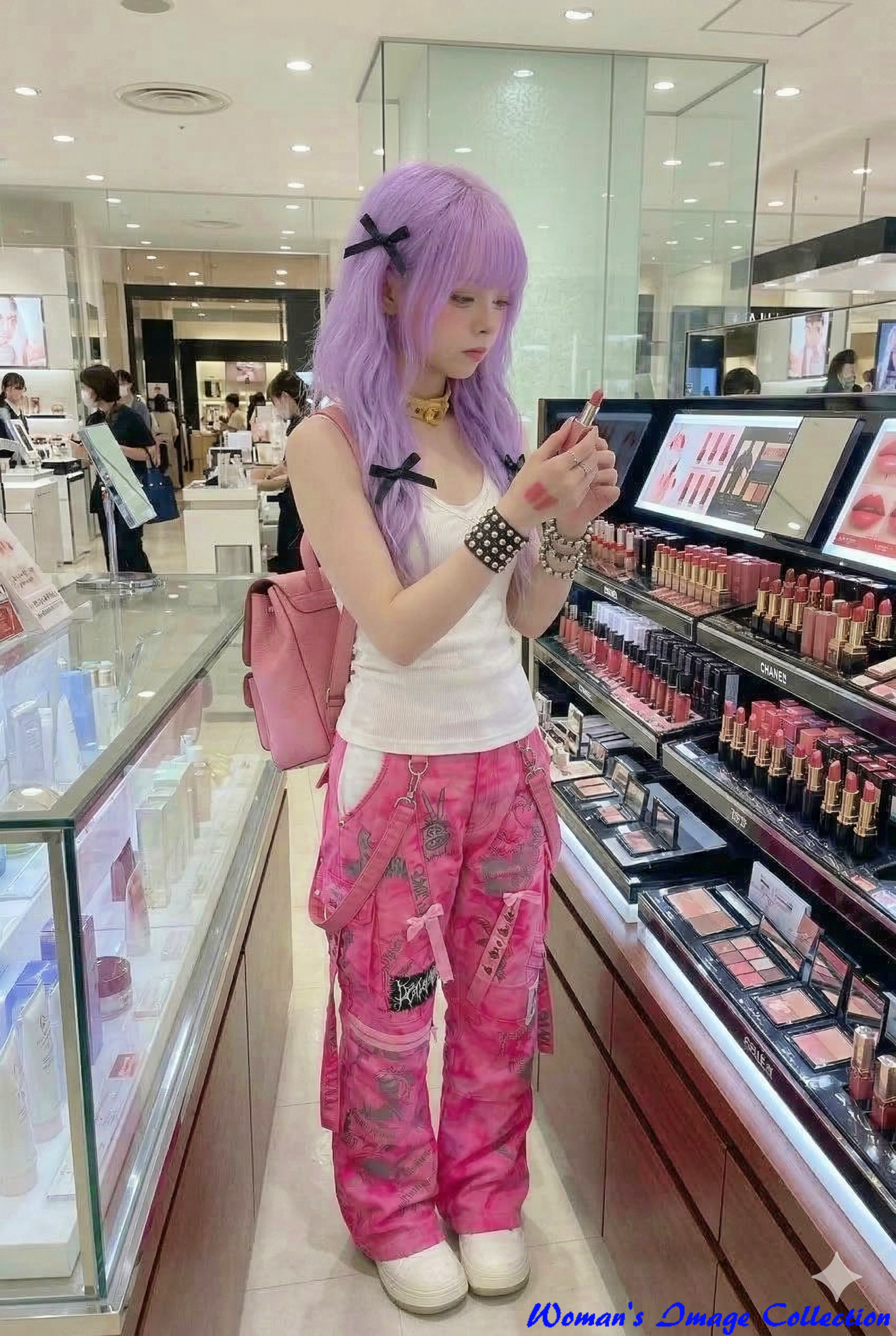 デパートの化粧品カウンターでリップを選ぶ紫髪の女性の画像