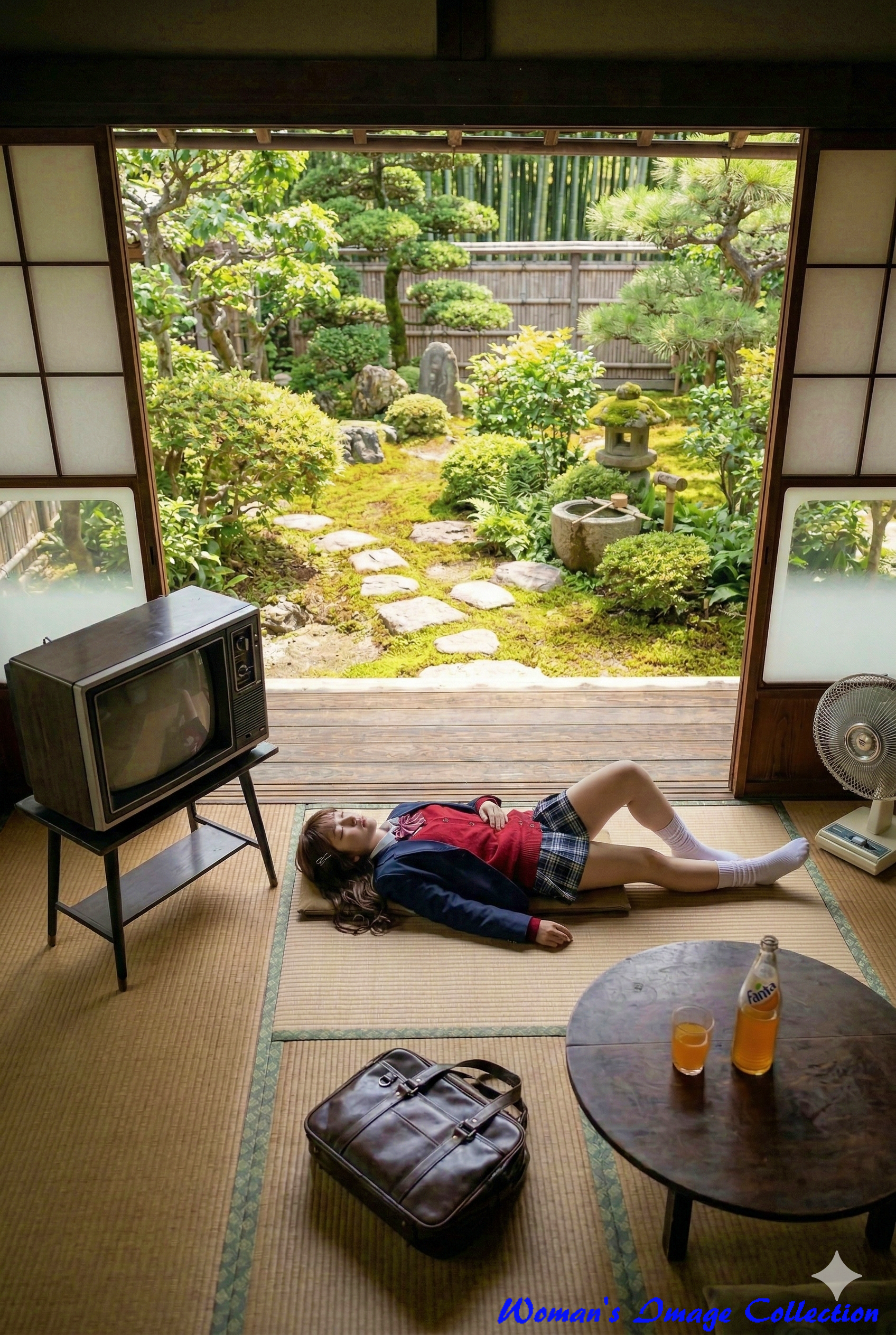 縁側で寝転ぶ制服姿の女子高生を真上から捉えた構図の画像