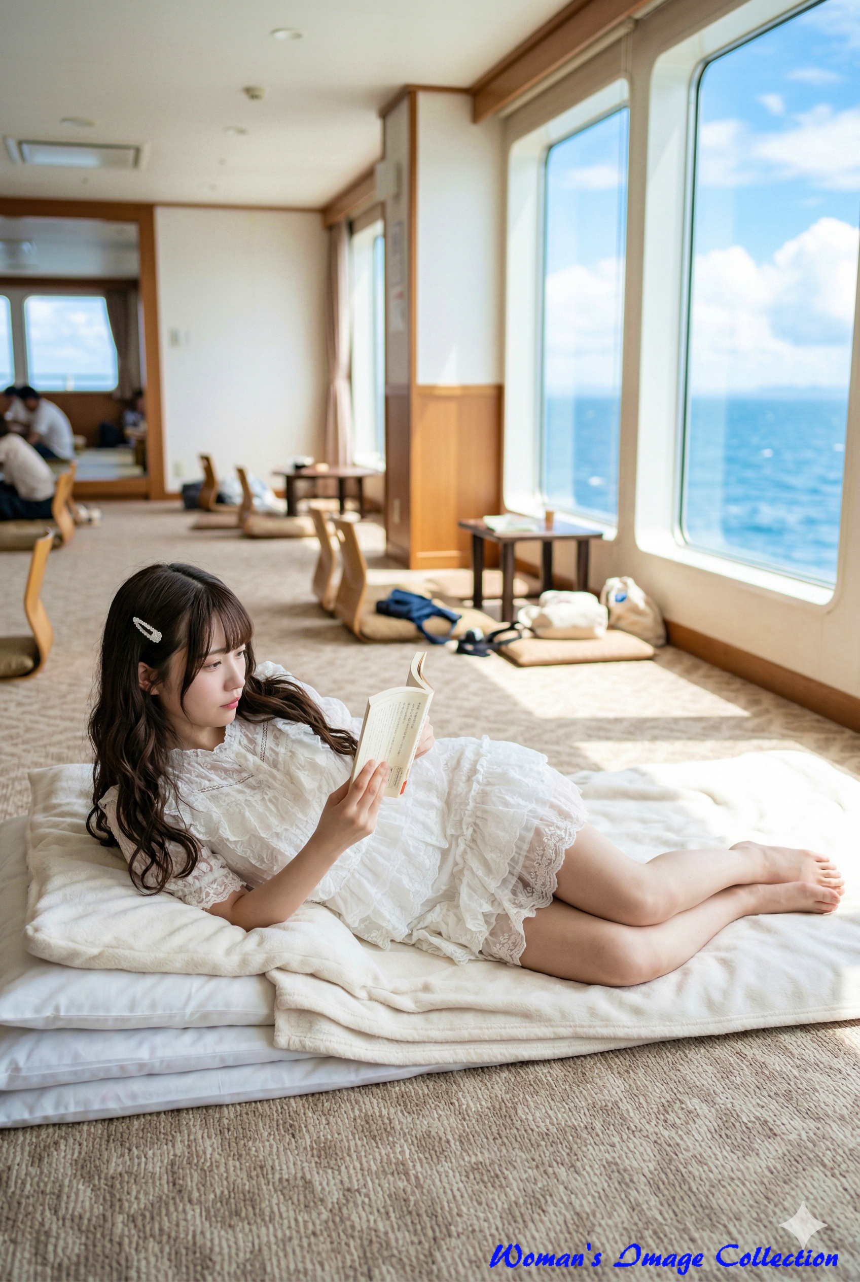 フェリーの窓際でうつ伏せになり本を読む女性の全身像(Gemini)