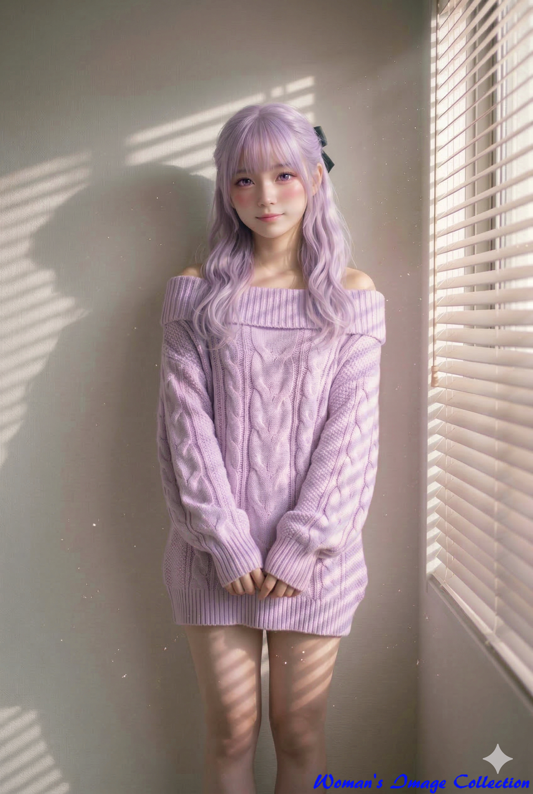 薄紫のケーブルニットを着た日本人少女、ブラインド越しの光と影のパステル調イラスト、Gemini