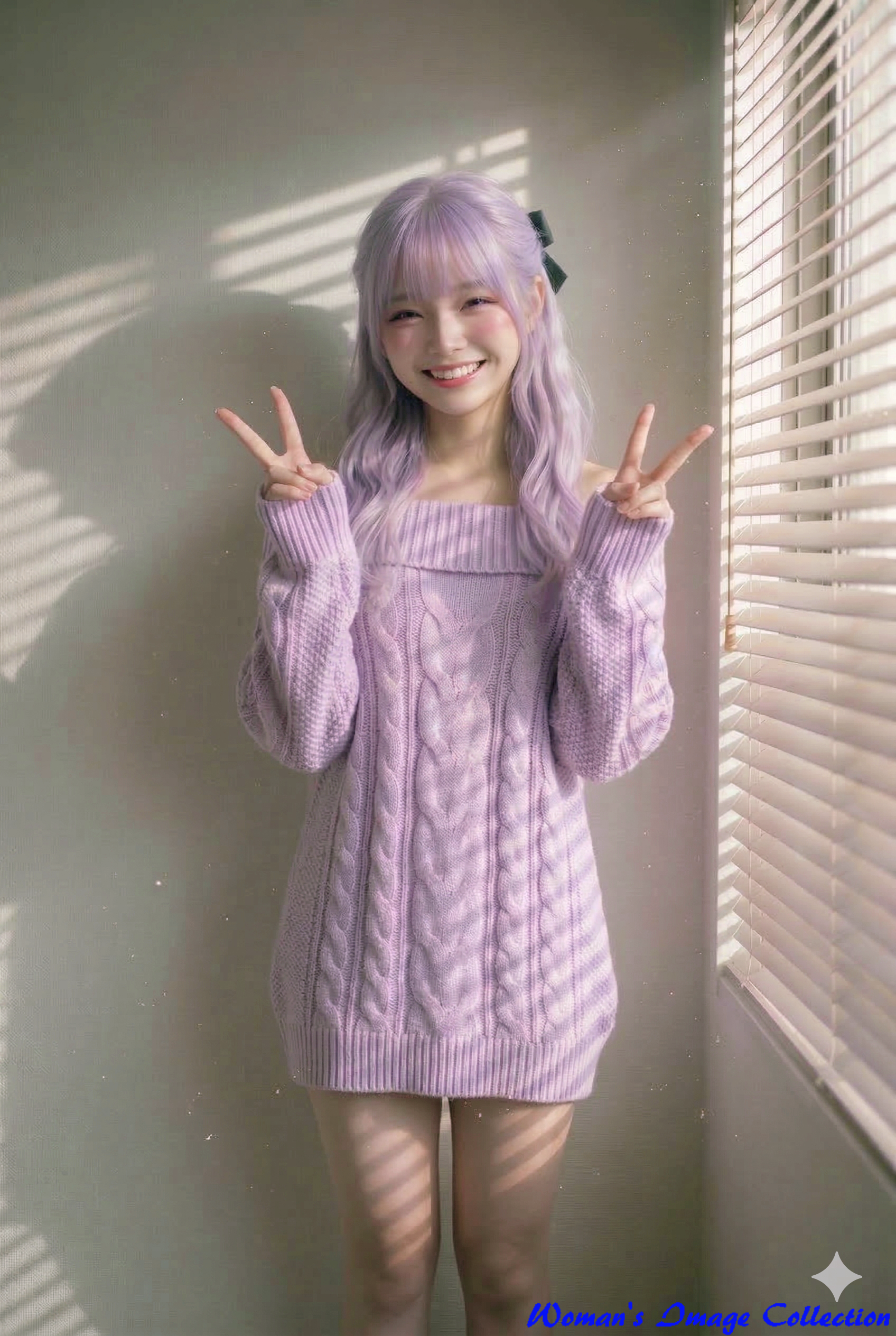 薄紫のニットを着てダブルピースで笑う日本人少女