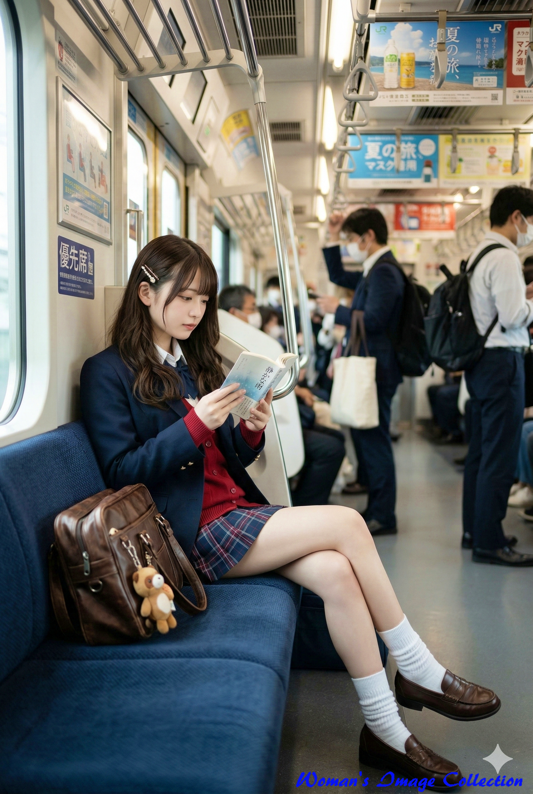 電車内で足を組んで本を読む制服姿の女子高生の実写風シネマティック画像（AI生成）