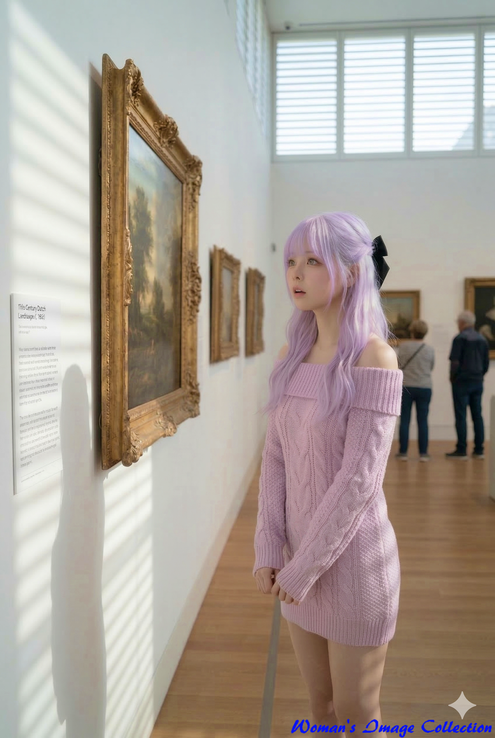 美術館の絵画の傍らで両手を組んで佇む少女