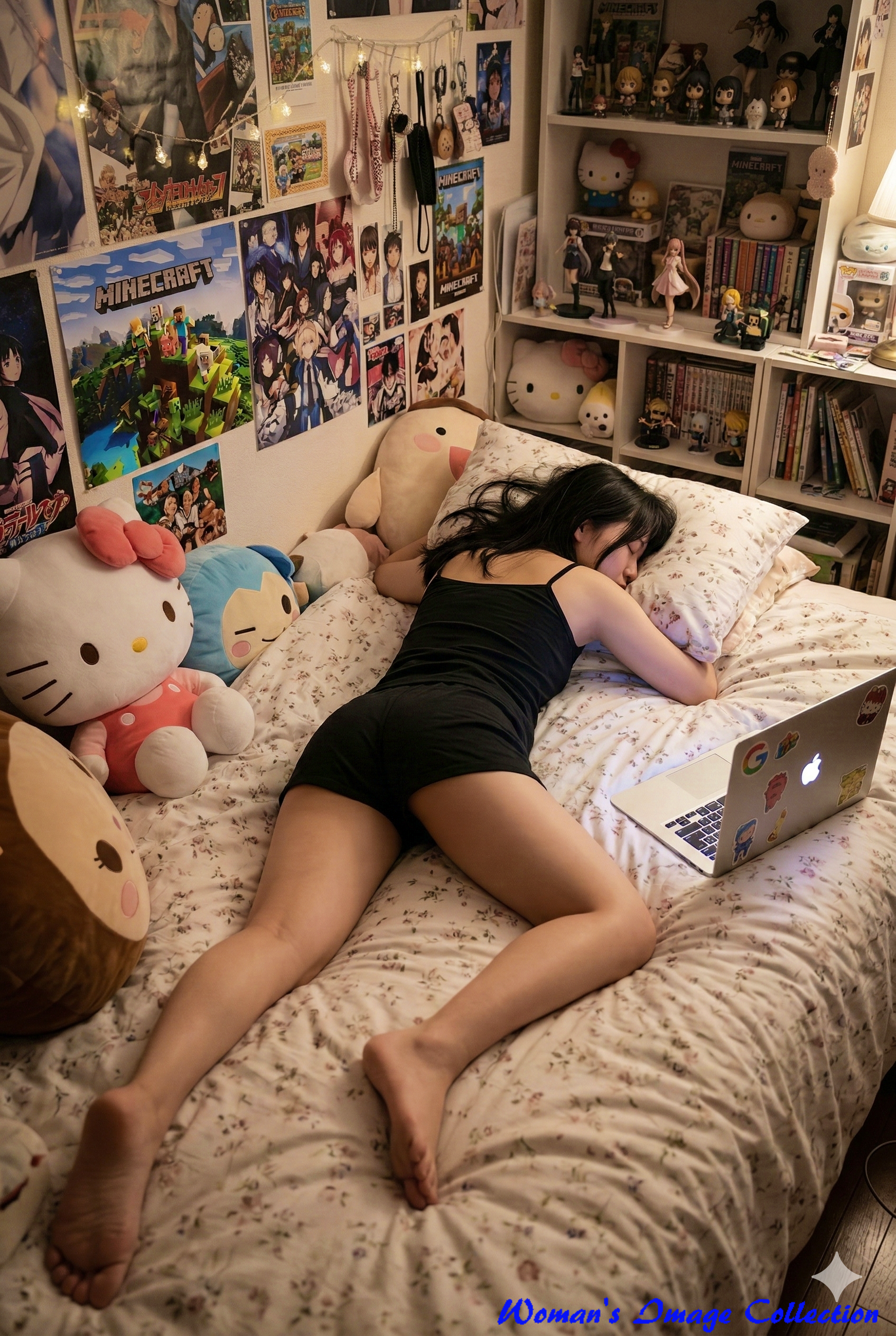 フィギュアやぬいぐるみが並ぶ棚の横でベッドに倒れ込む女性の画像