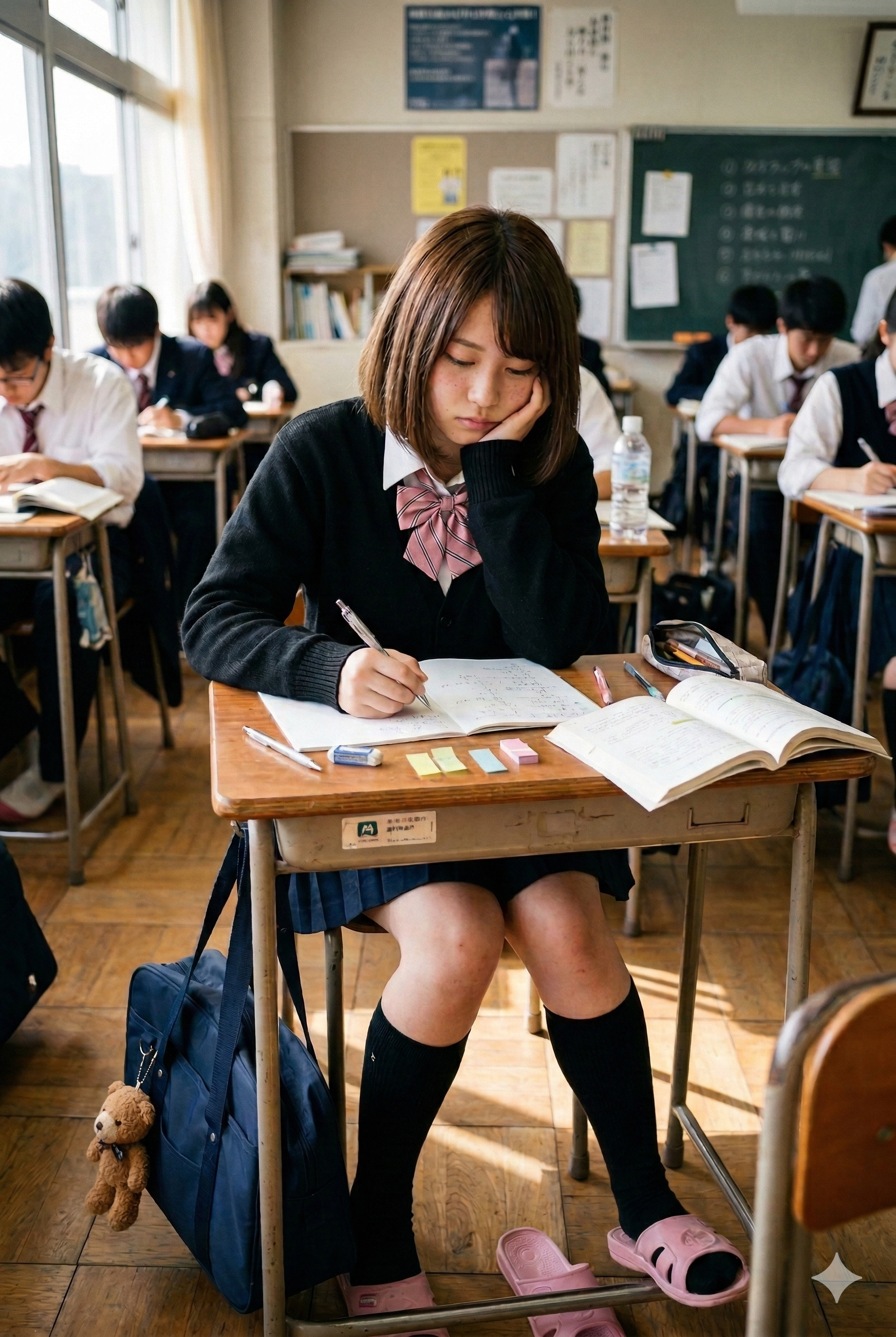 机の上に付箋が置かれ、サンダルを脱ぎかけて勉強する女子学生