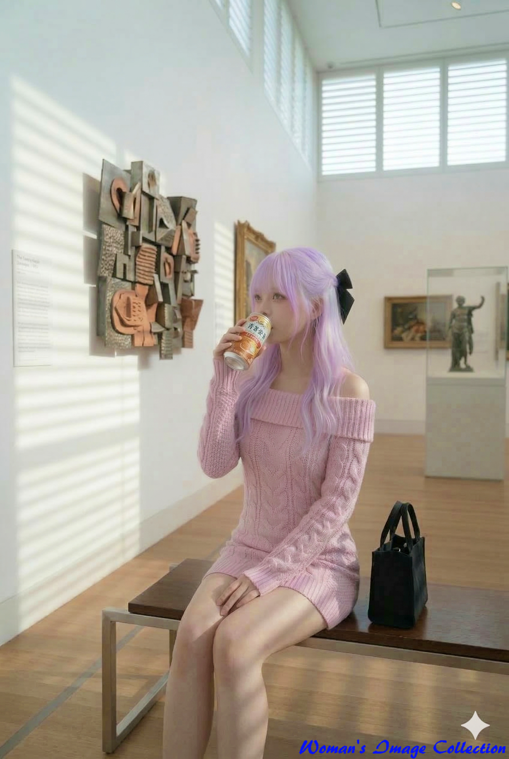 美術館のベンチに座り缶飲料を飲む少女