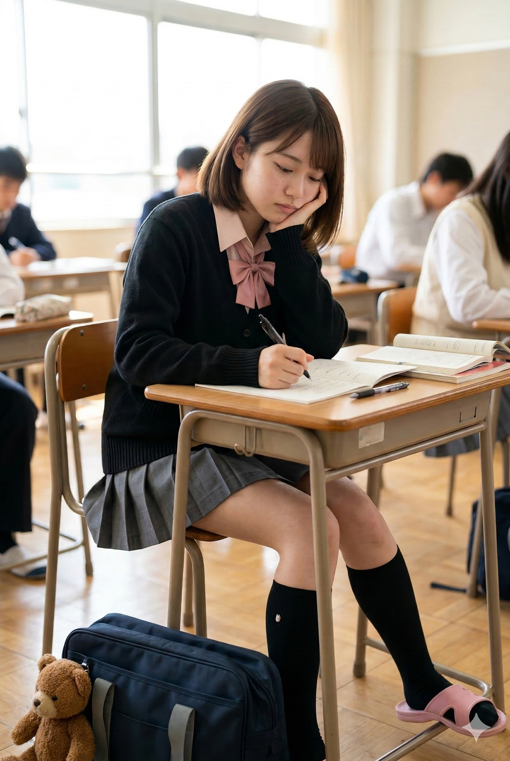 ピンクのシャツと黒カーディガンを着て勉強する女子学生