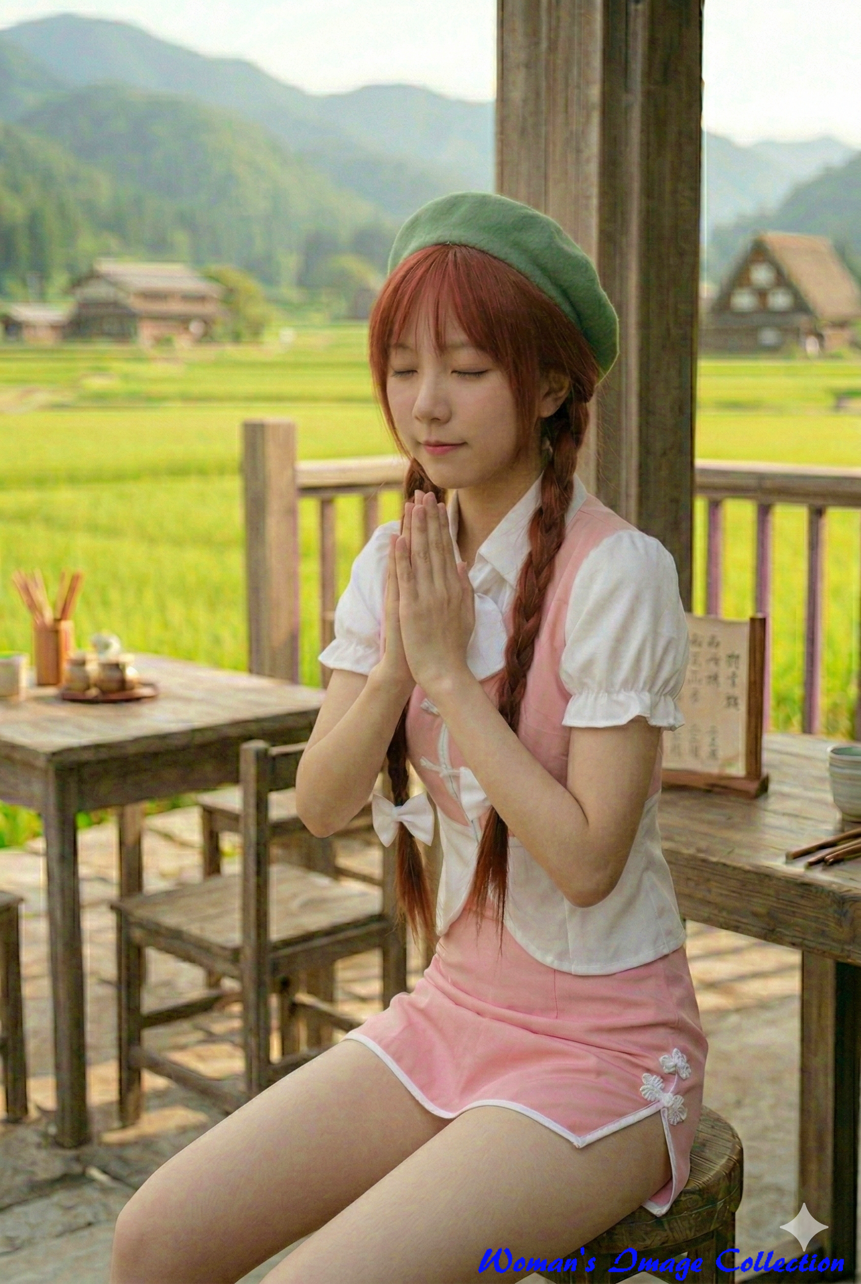 目を閉じて手を合わせる赤髪おさげの女性のAI画像