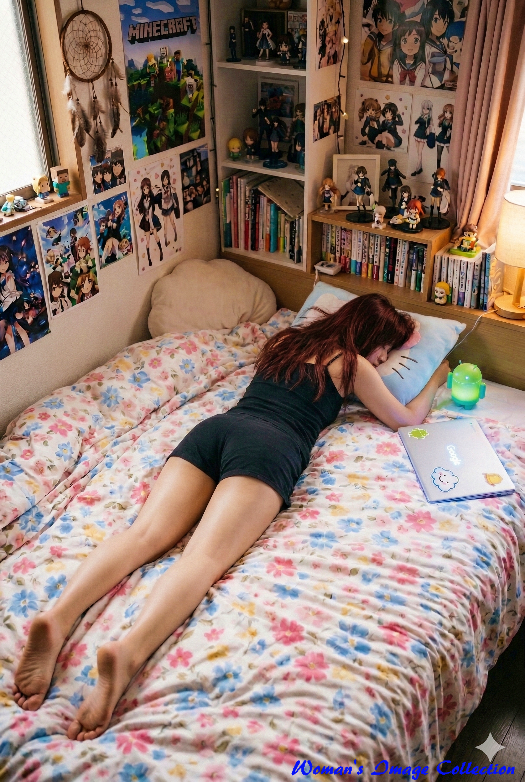 Androidライトやドリームキャッチャーが飾られた部屋で眠る女性の画像