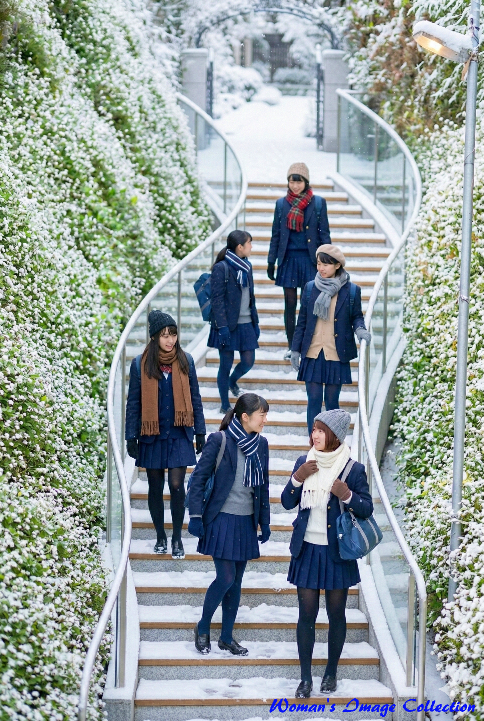 雪が積もったカーブ階段を、ブレザーやマフラーなどの冬服を着て下りてくる女子高生たち(超リアルな写真スタイル、Gemini生成)