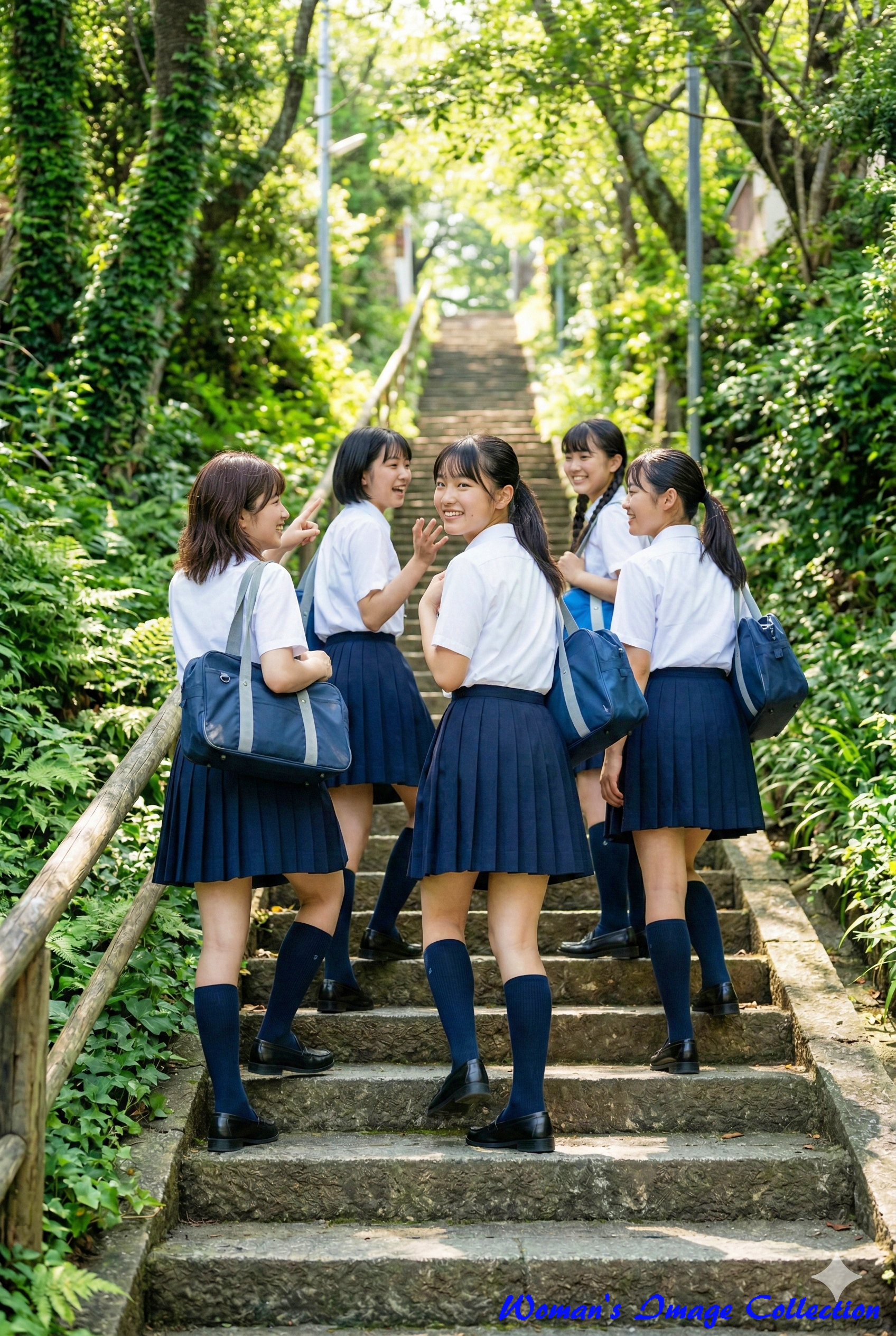 初夏の木漏れ日が差す緑豊かな石段を、振り返りながら笑顔で登る5人の女子高生（超リアルな写真スタイル、Gemini生成）