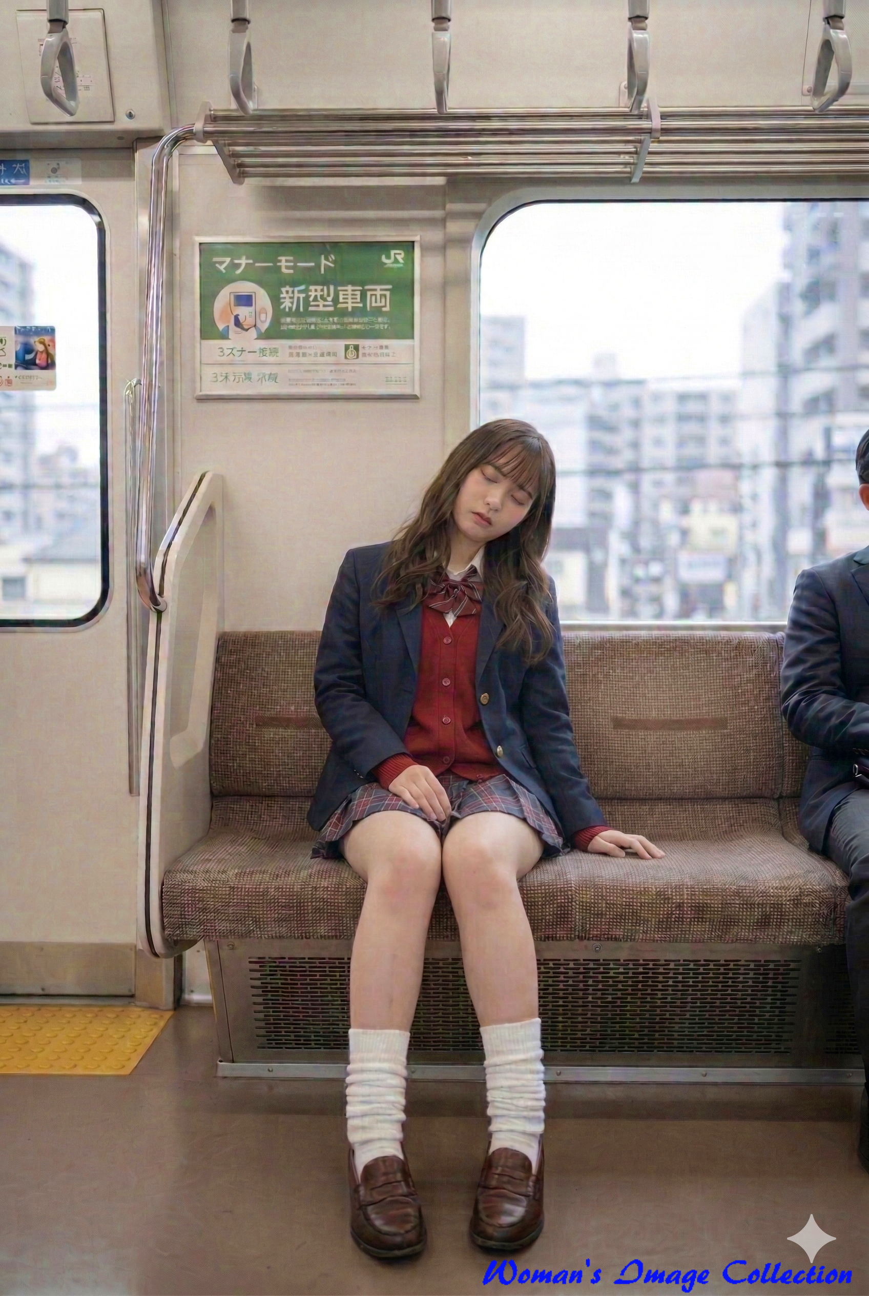 電車内の座席で目を閉じてうとうとする制服姿の女子高生の実写風シネマティック画像