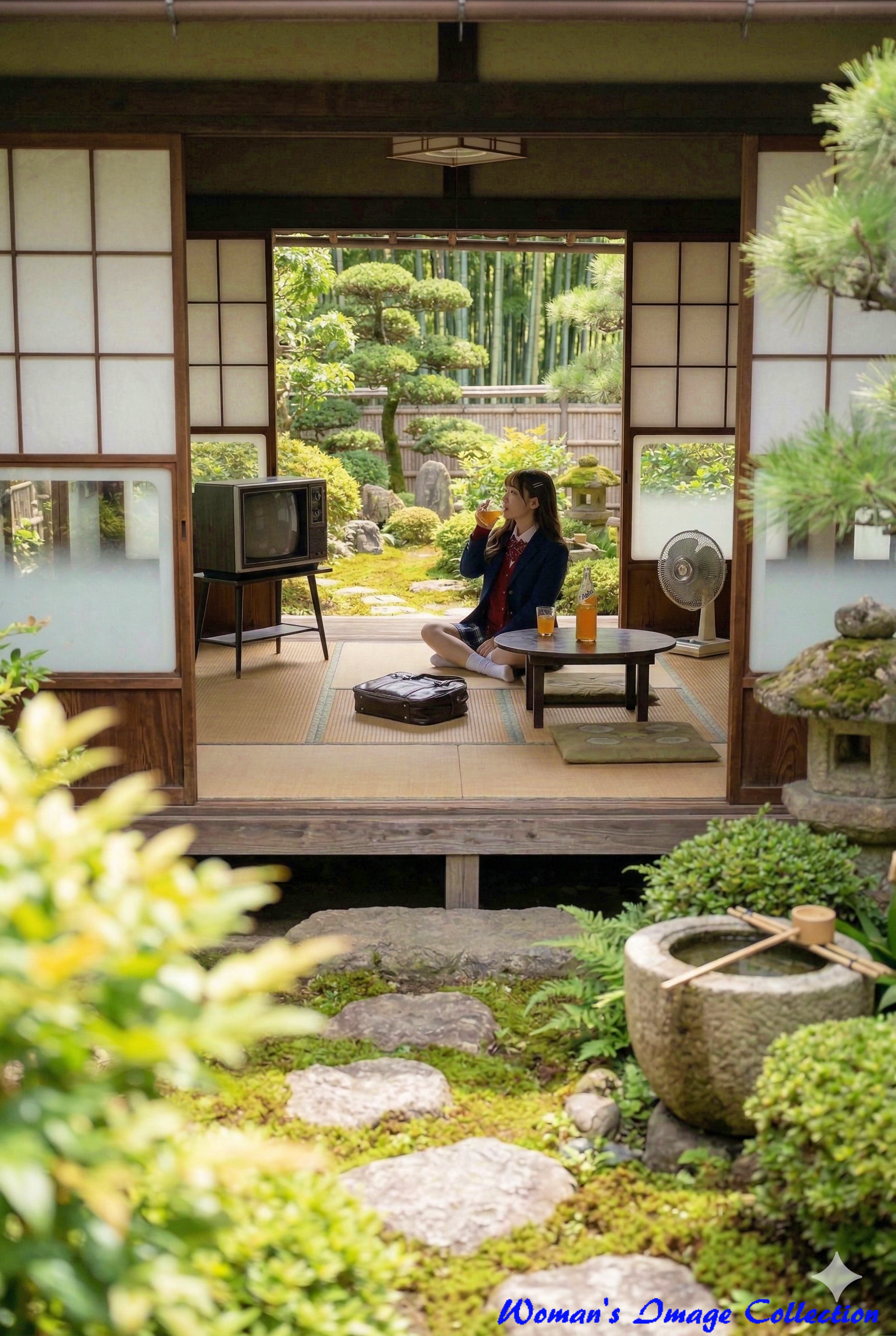 庭の屋外から日本家屋の縁側に向かって撮影された、制服姿の女子高生の画像