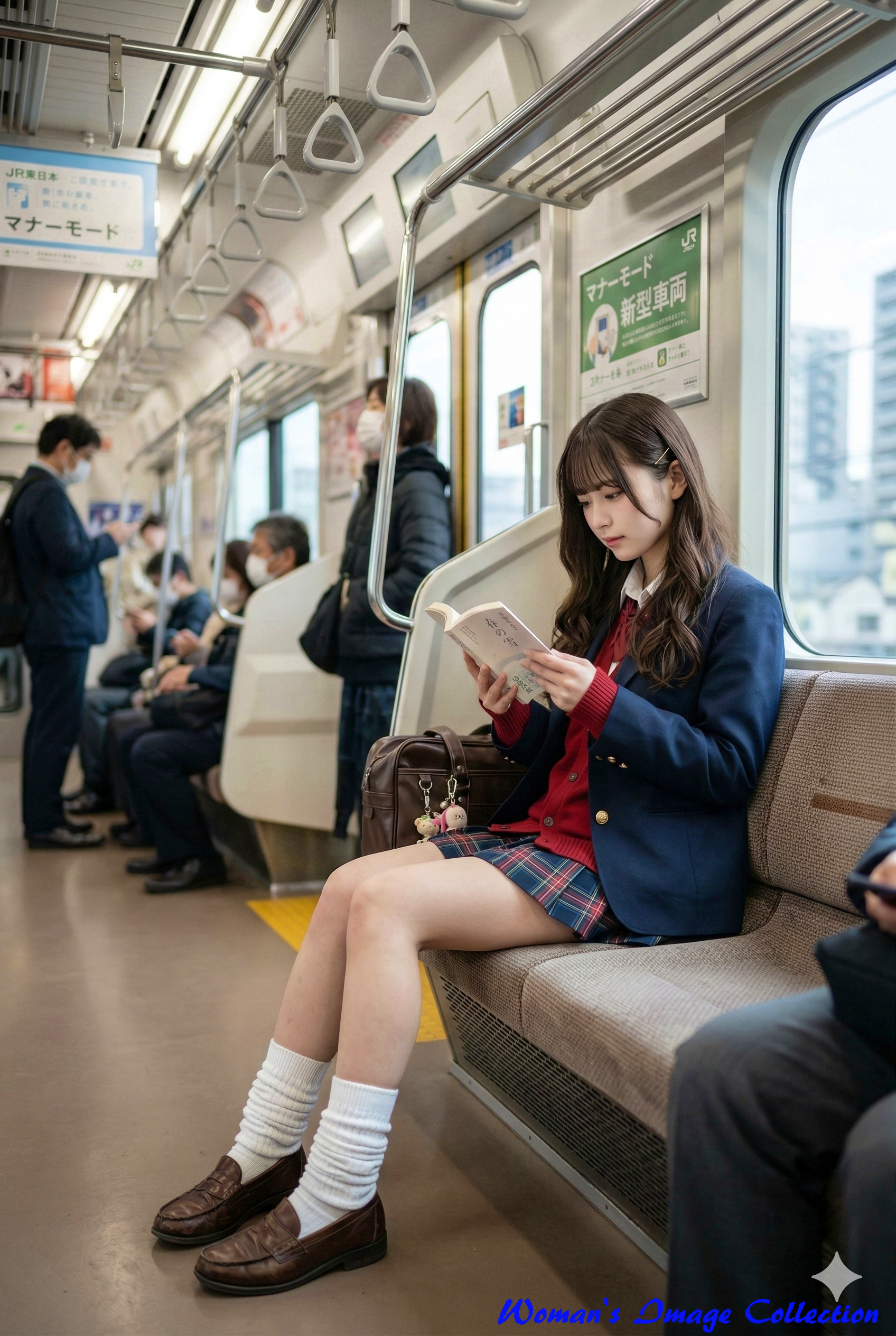 電車内で本に視線を落とす制服姿の女子高生の実写風シネマティック画像