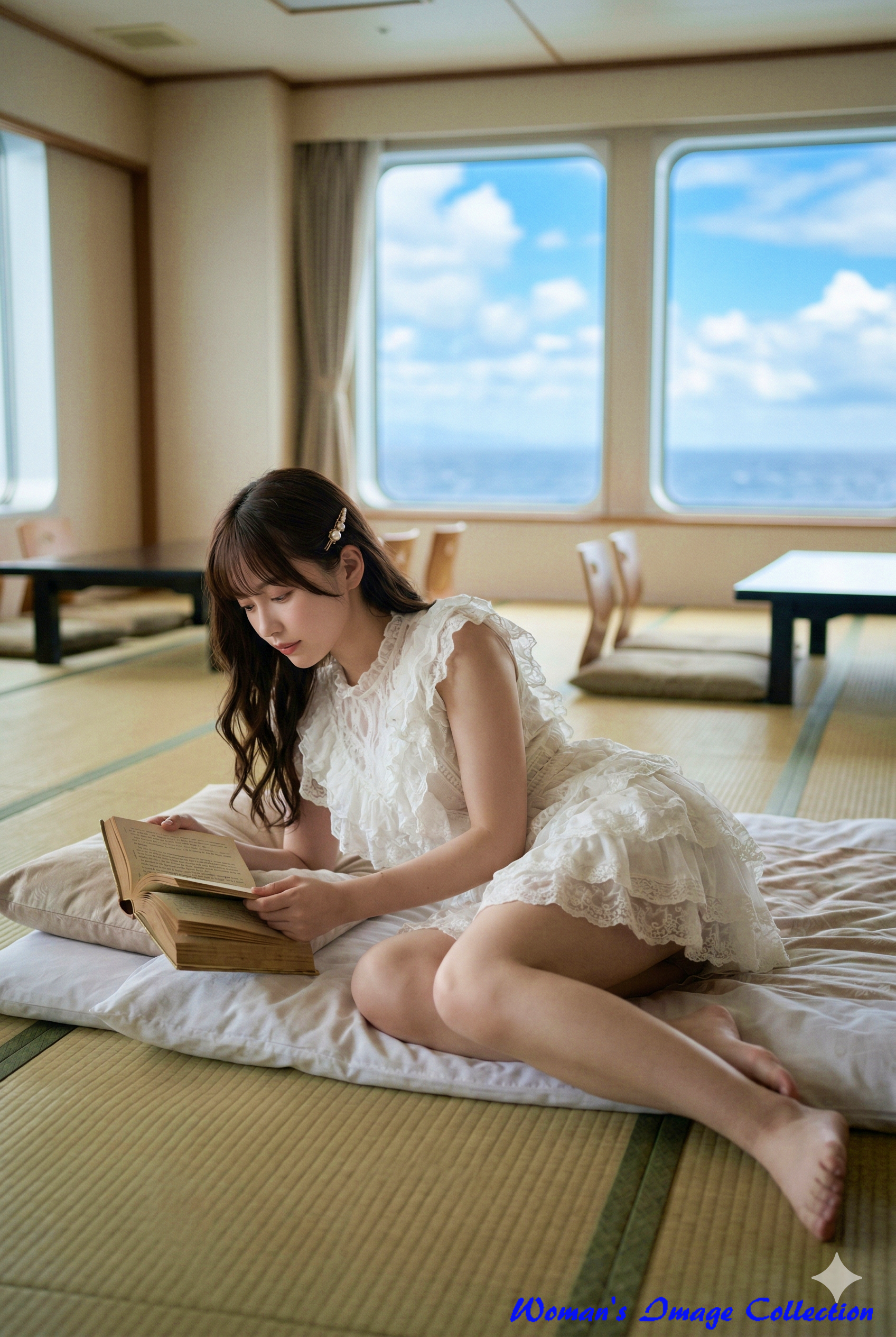 フェリーの和室大広間でマットに寝転んで読書する女性(Gemini)
