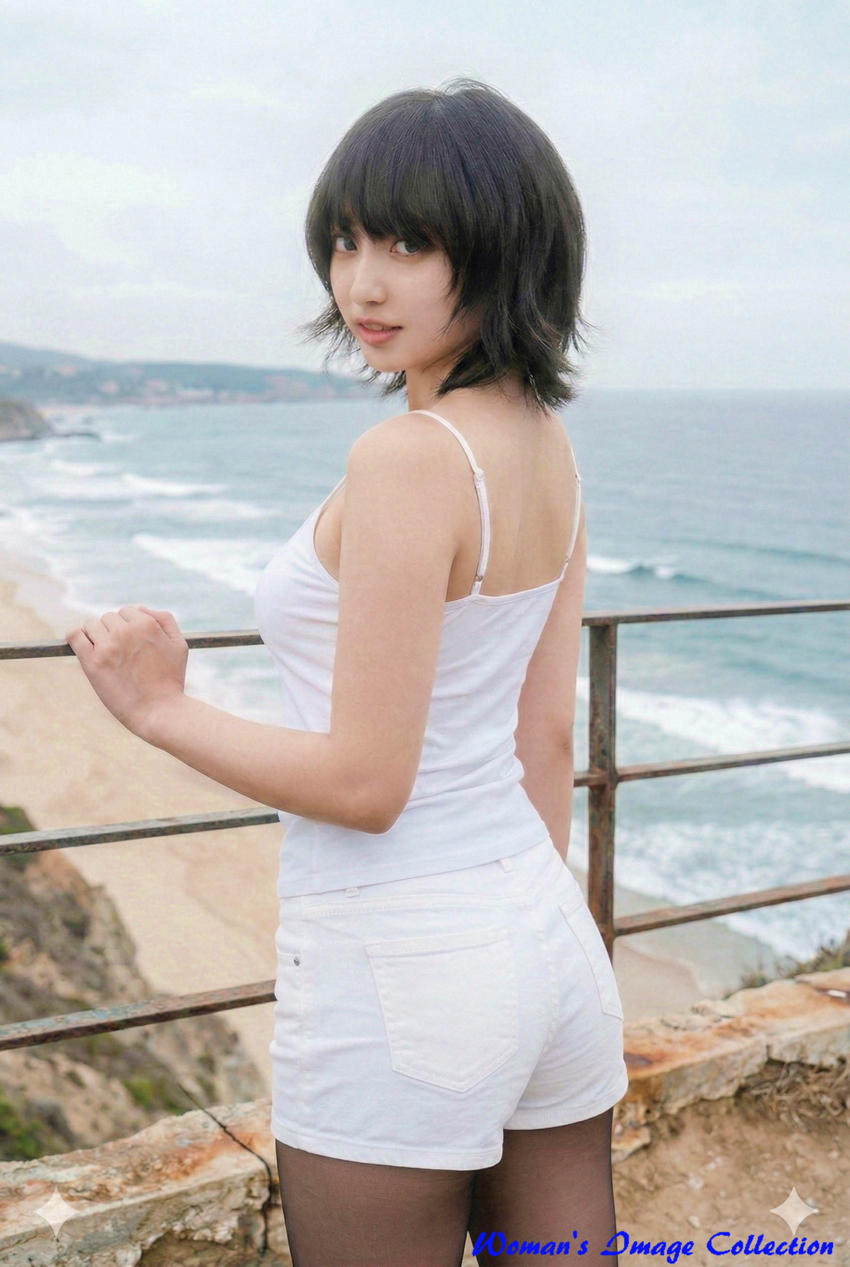 海を背景に白いタンクトップとショートパンツ姿で振り返るショートヘアの女性