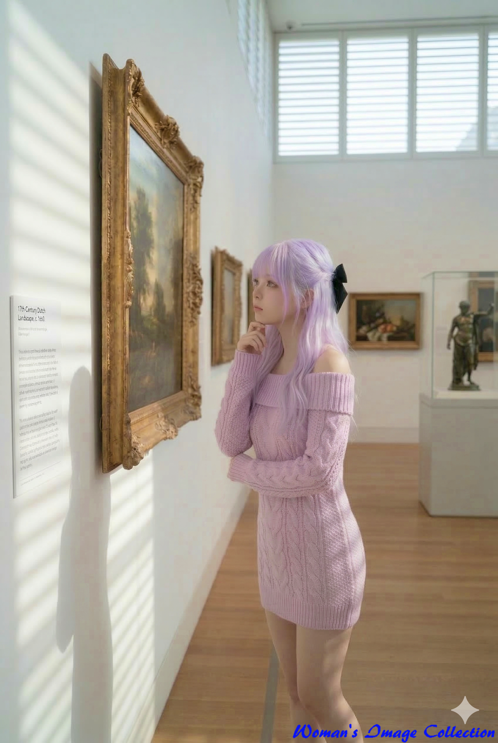 風景画を見つめる少女の美しい横顔と光の陰影