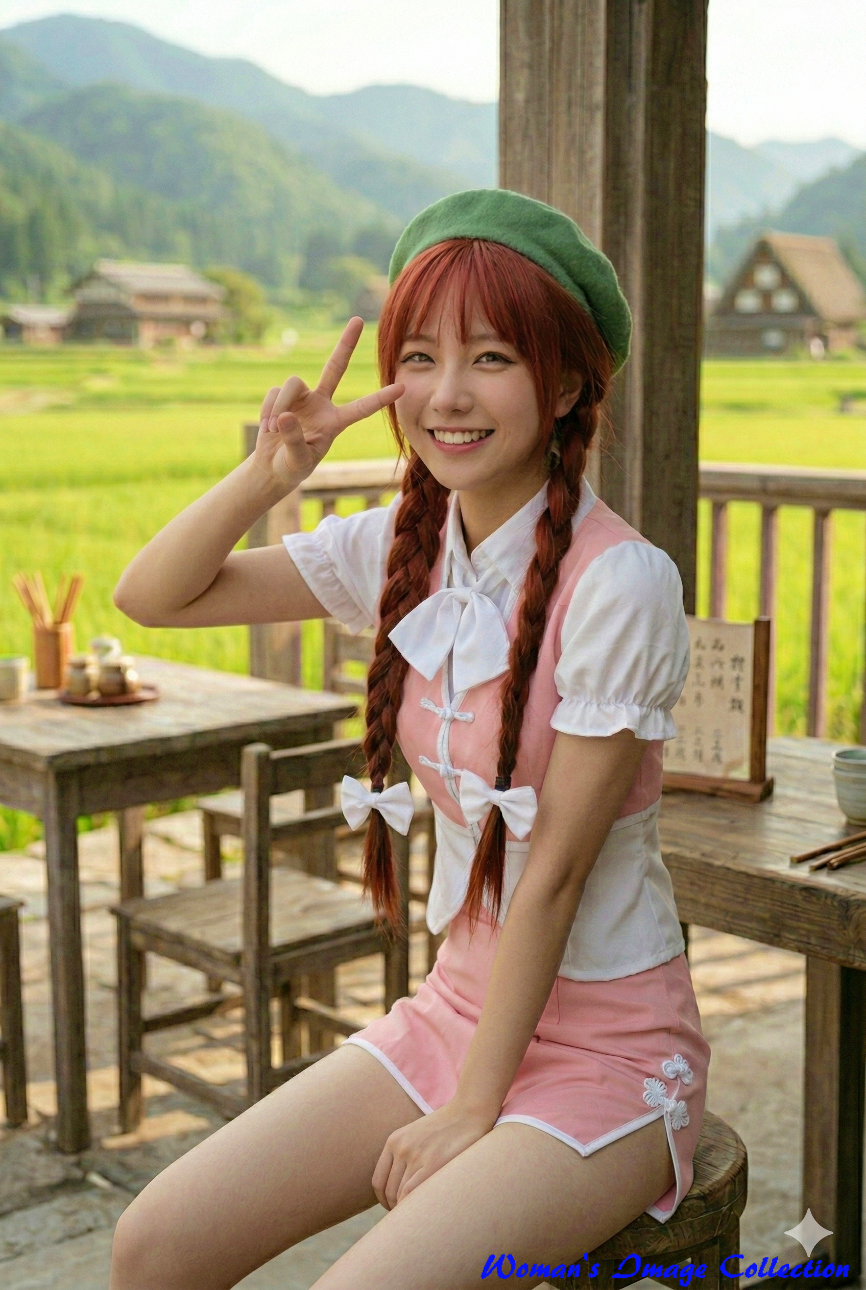 田んぼを背景に笑顔でピースサインをする赤髪おさげの女性のAI画像