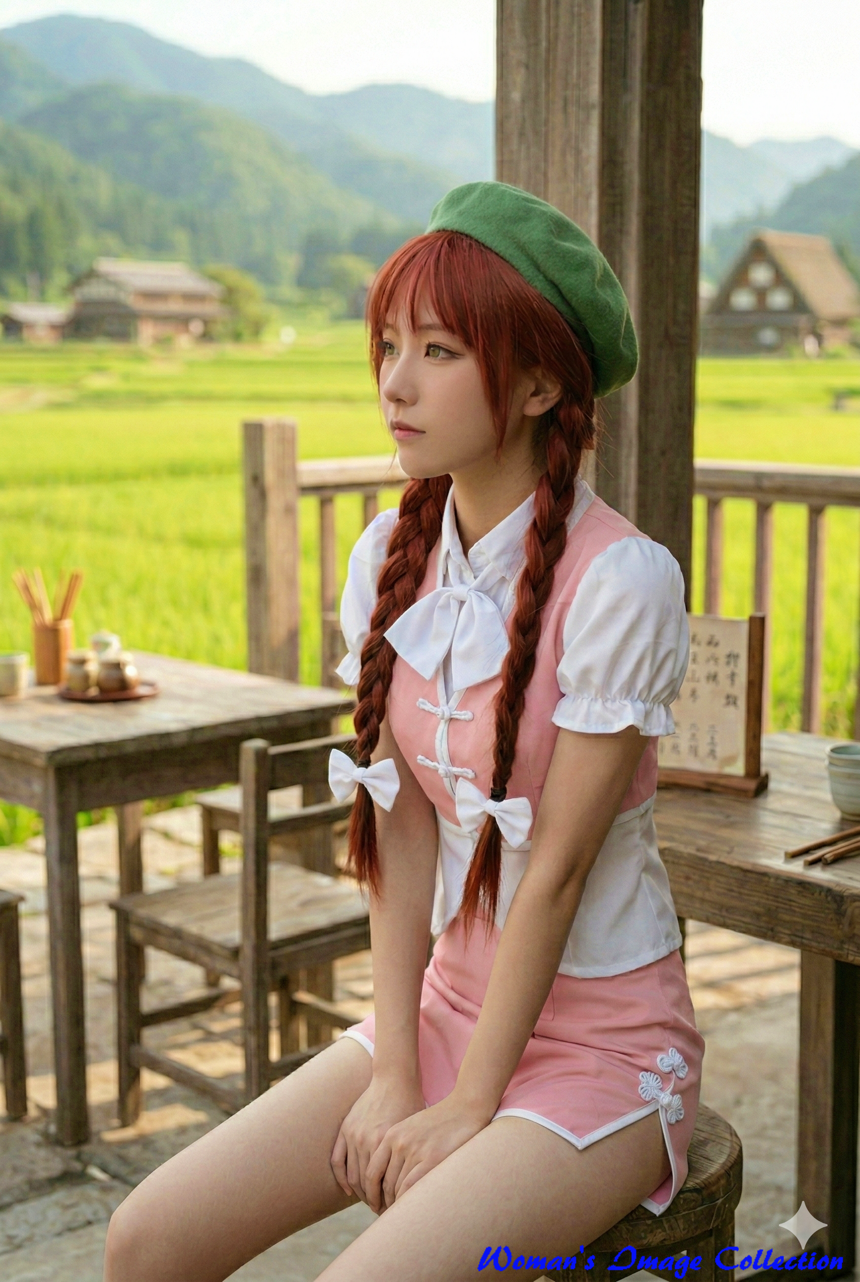 赤髪のおさげで縁側に座る、ピンクの衣装と緑のベレー帽の女性のAI画像