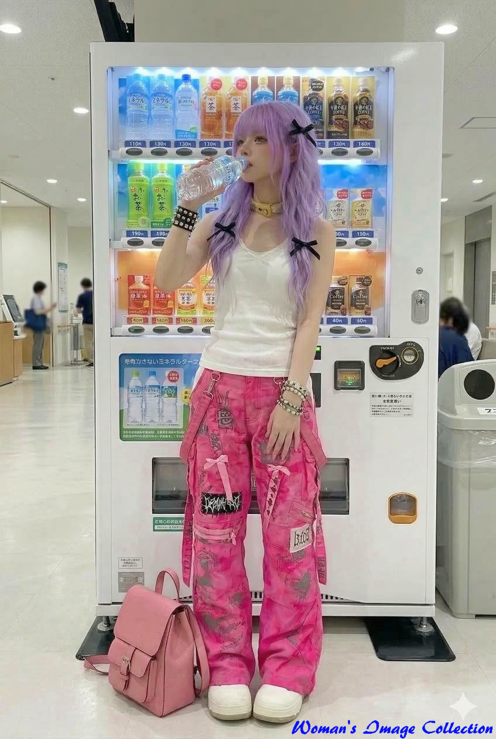 自動販売機の前でペットボトルの水を飲む紫髪でピンクのパンツの女性の画像