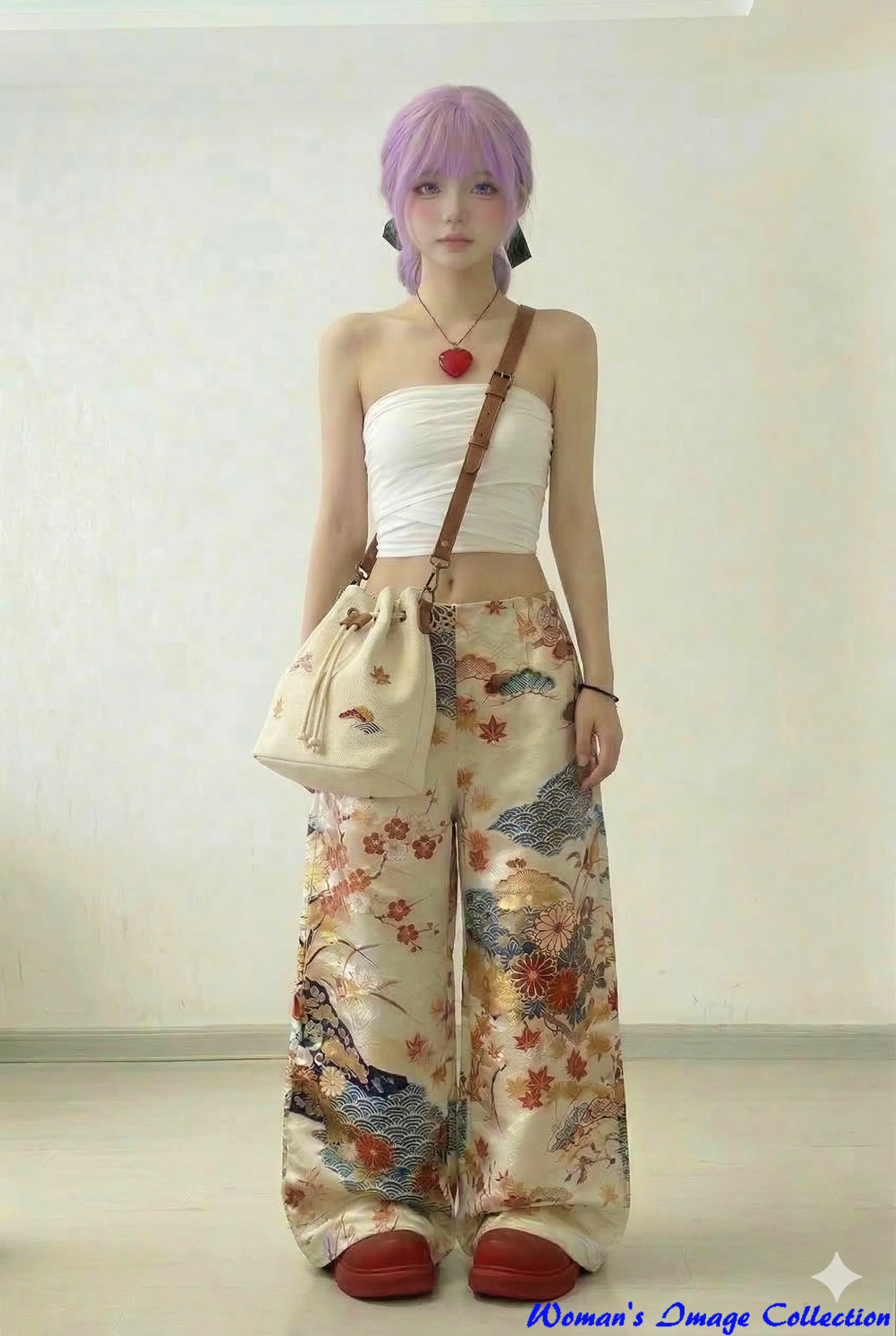 白いサラシと和柄のワイドパンツを着た紫髪の女性の画像