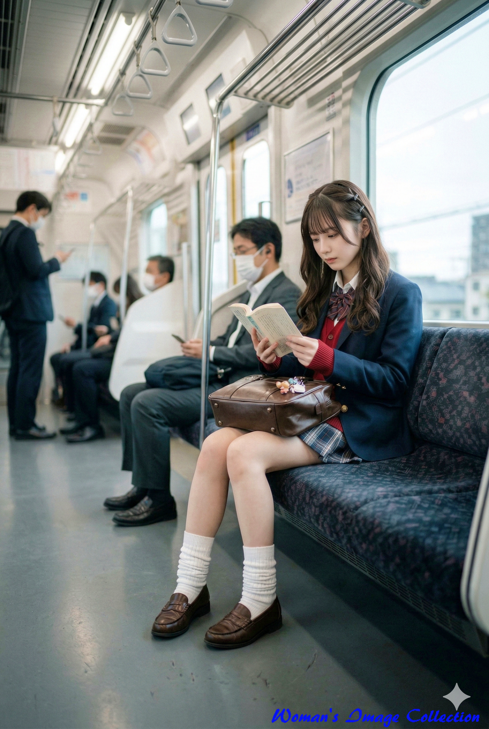 電車内で足を揃えて座り読書する制服姿の女子高生の実写風シネマティック画像