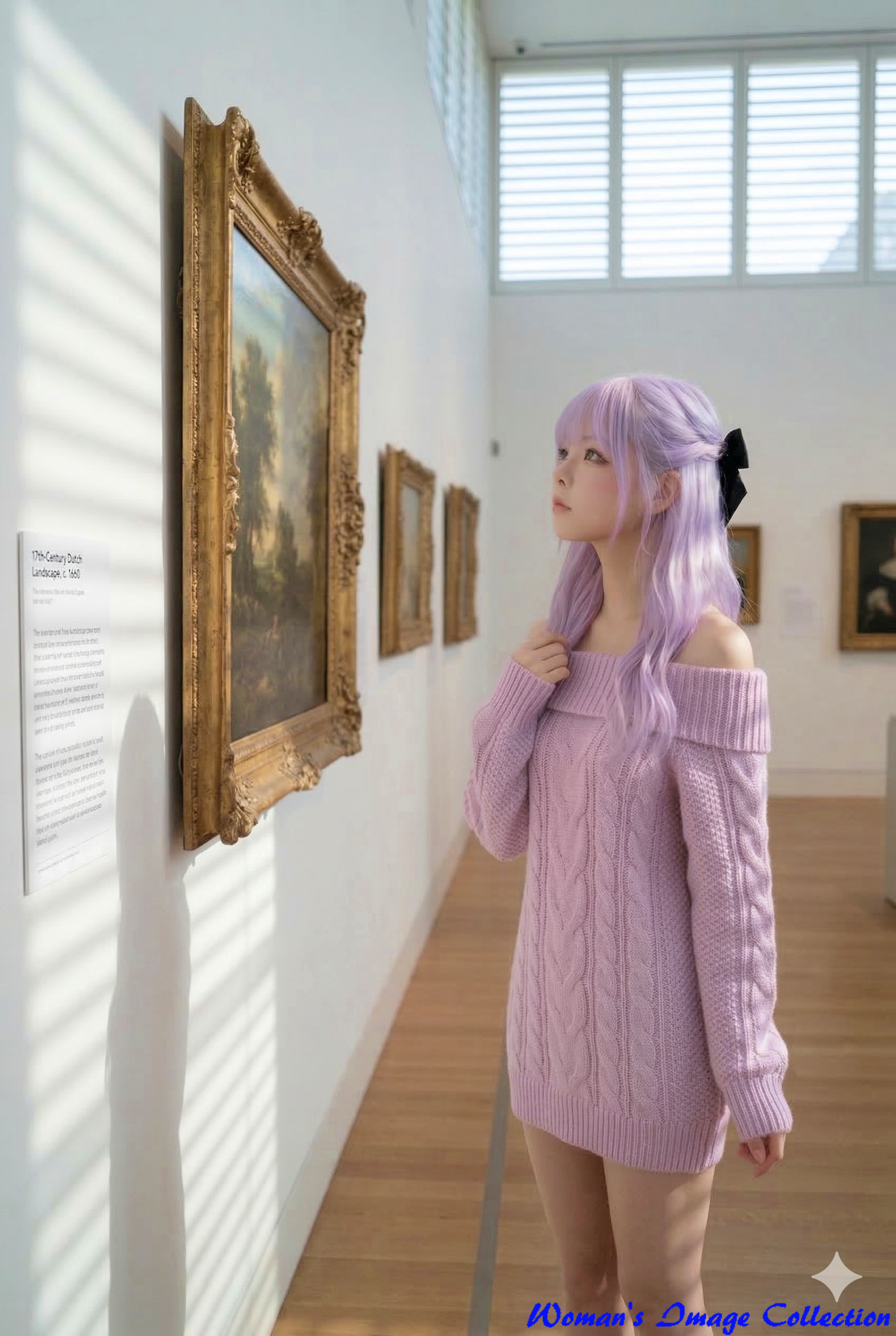 美術館で古典的な風景画を見上げている少女