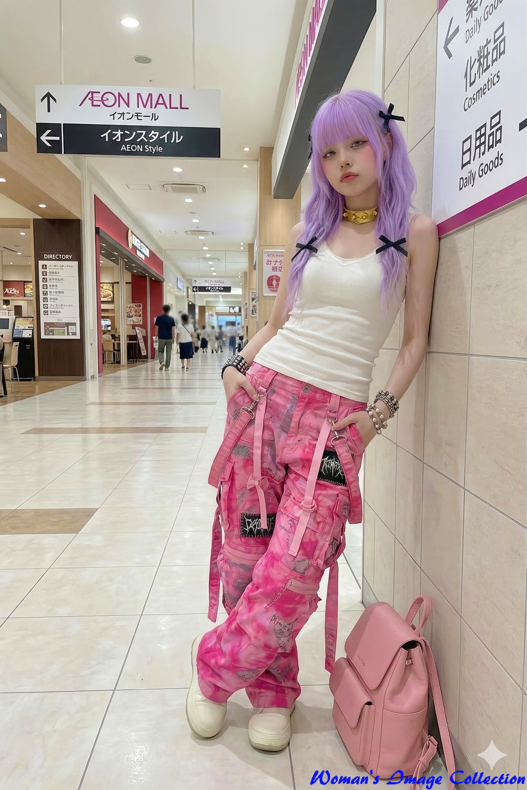 ショッピングモールの通路の壁に寄りかかる紫髪の女性の全身画像