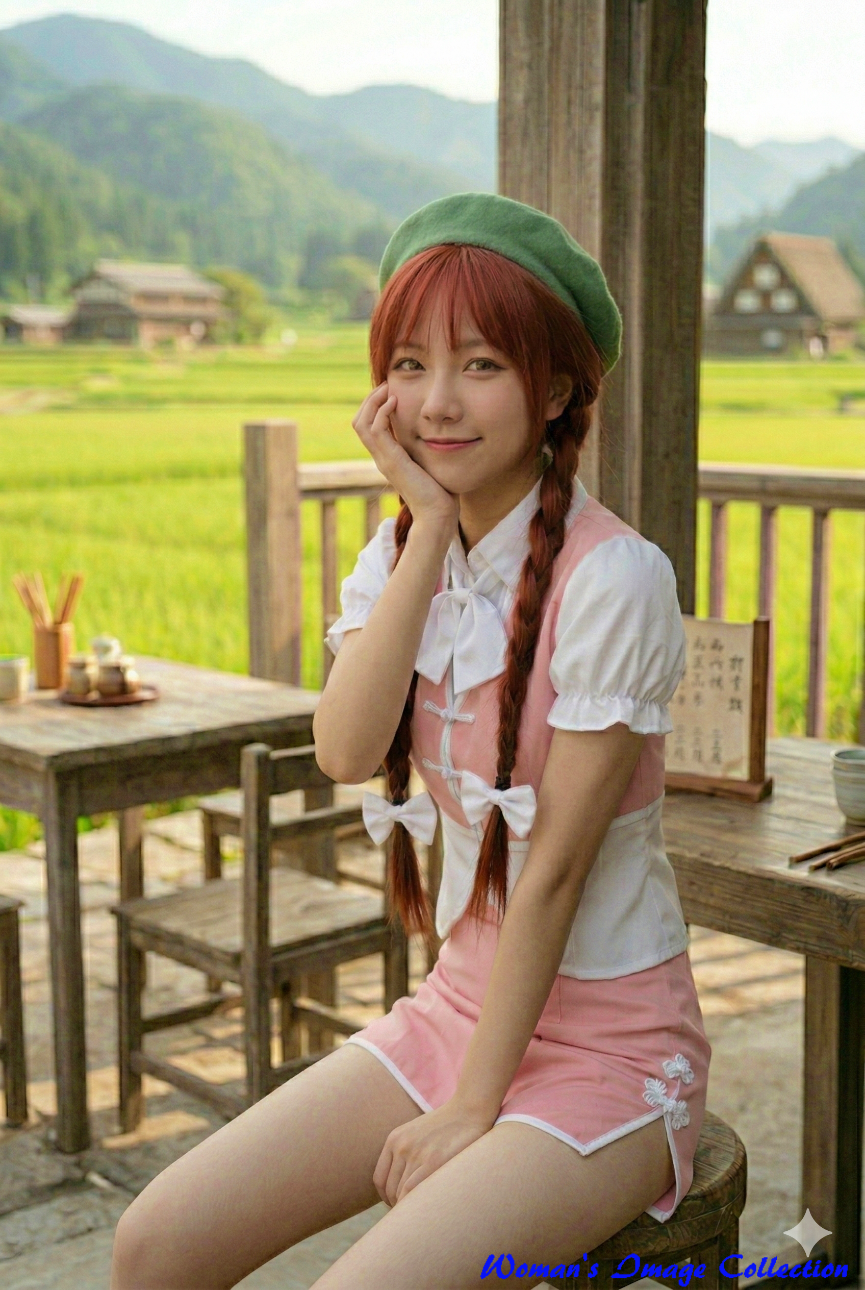 縁側で頬杖をついて微笑む赤髪おさげの女性のAI画像