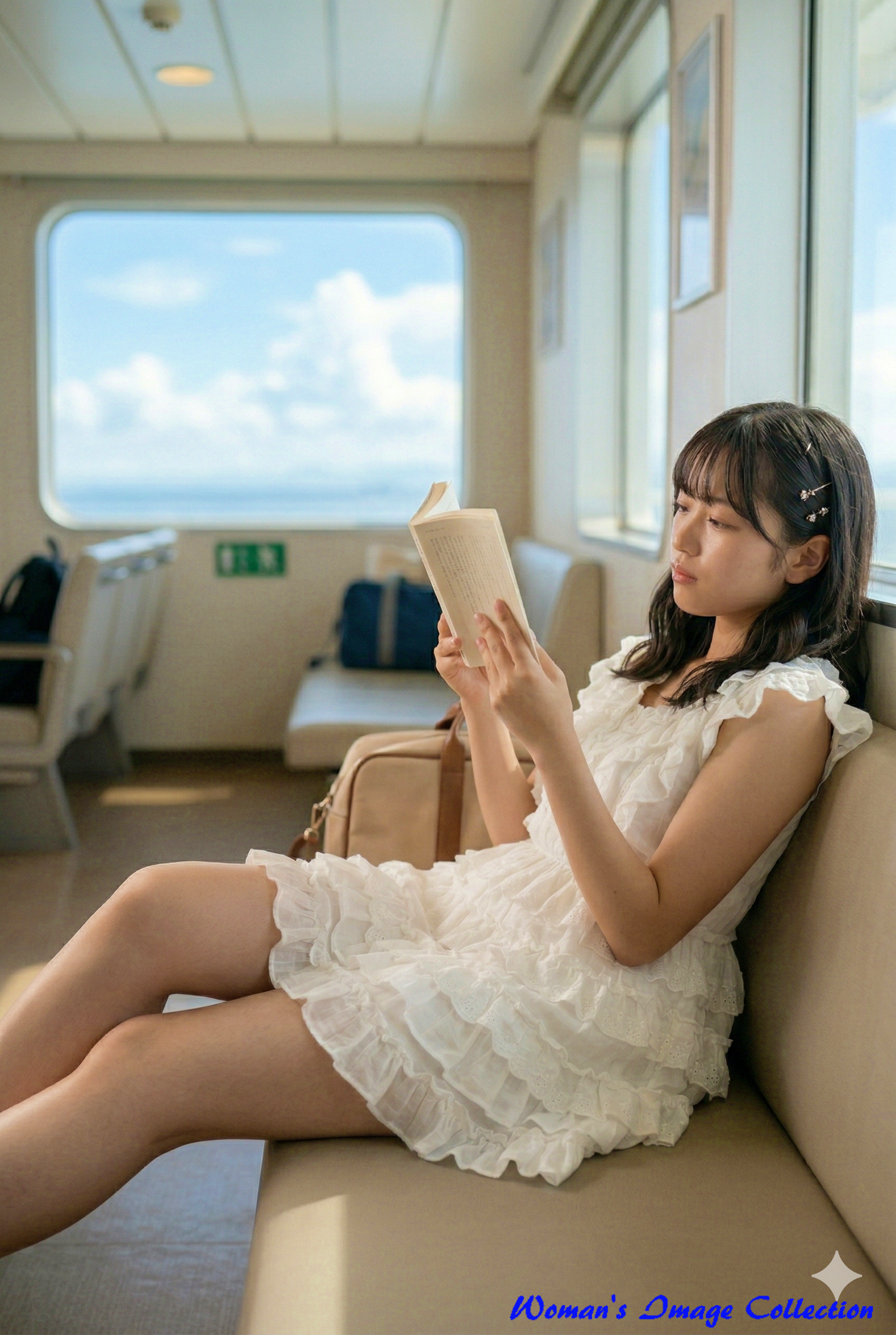 フェリーの客席で読書に没頭する女性の横顔(Gemini)