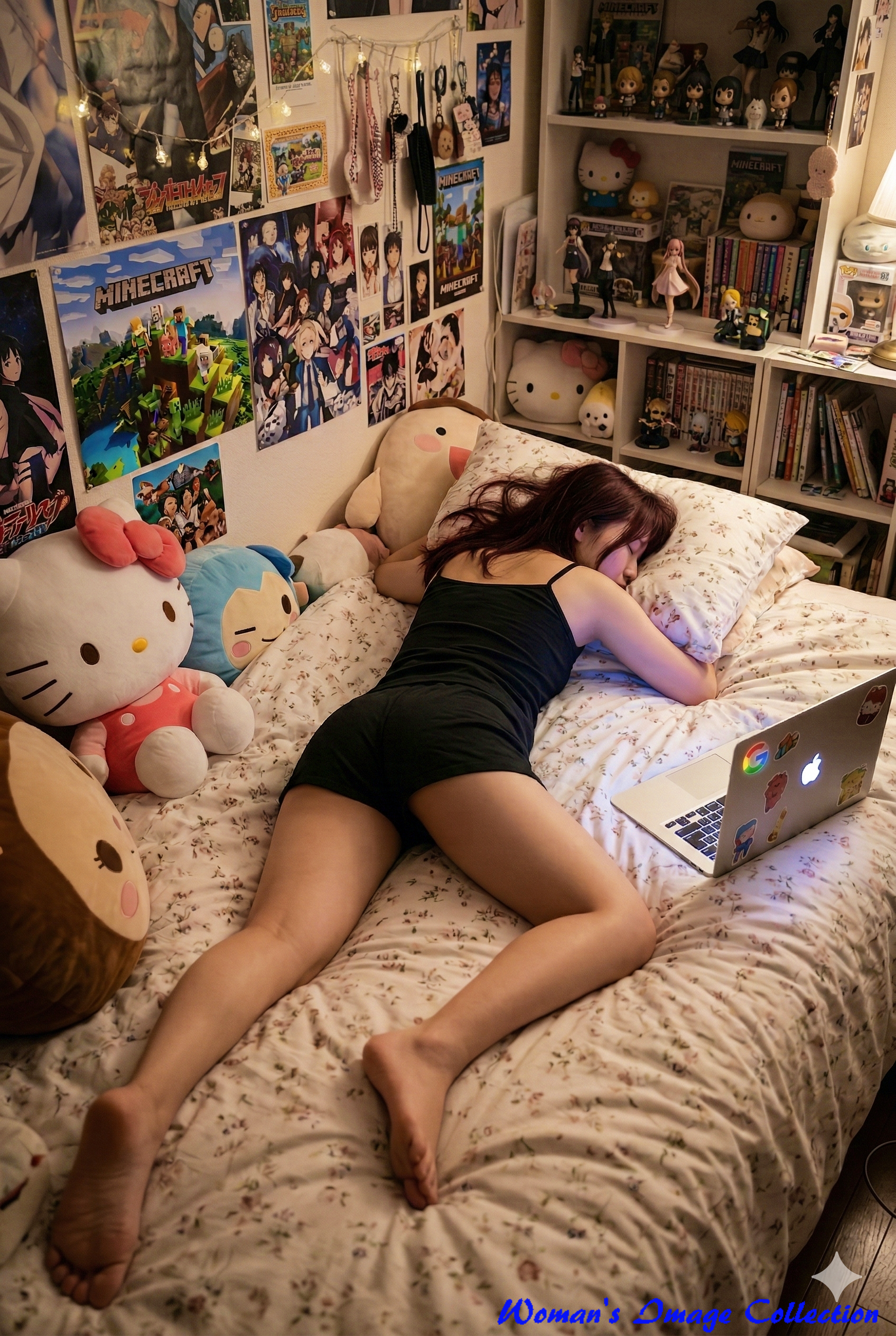 グッズで溢れた部屋の暖かな間接照明の下でベッドに沈み込む女性の画像