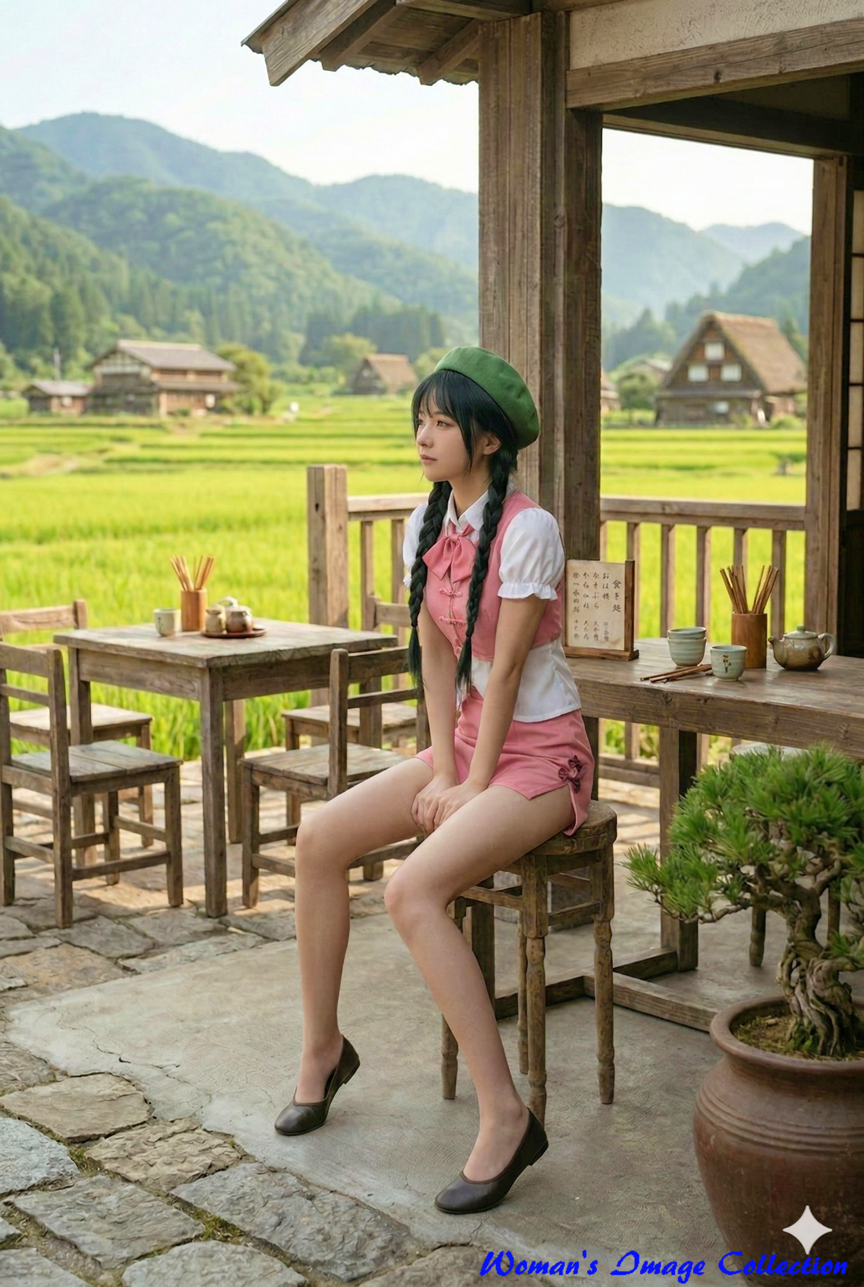田園風景と古民家を背景に縁側に座る、ピンクのレトロ衣装を着た黒髪三つ編みの女性のリアルなAI画像（Gemini生成）
