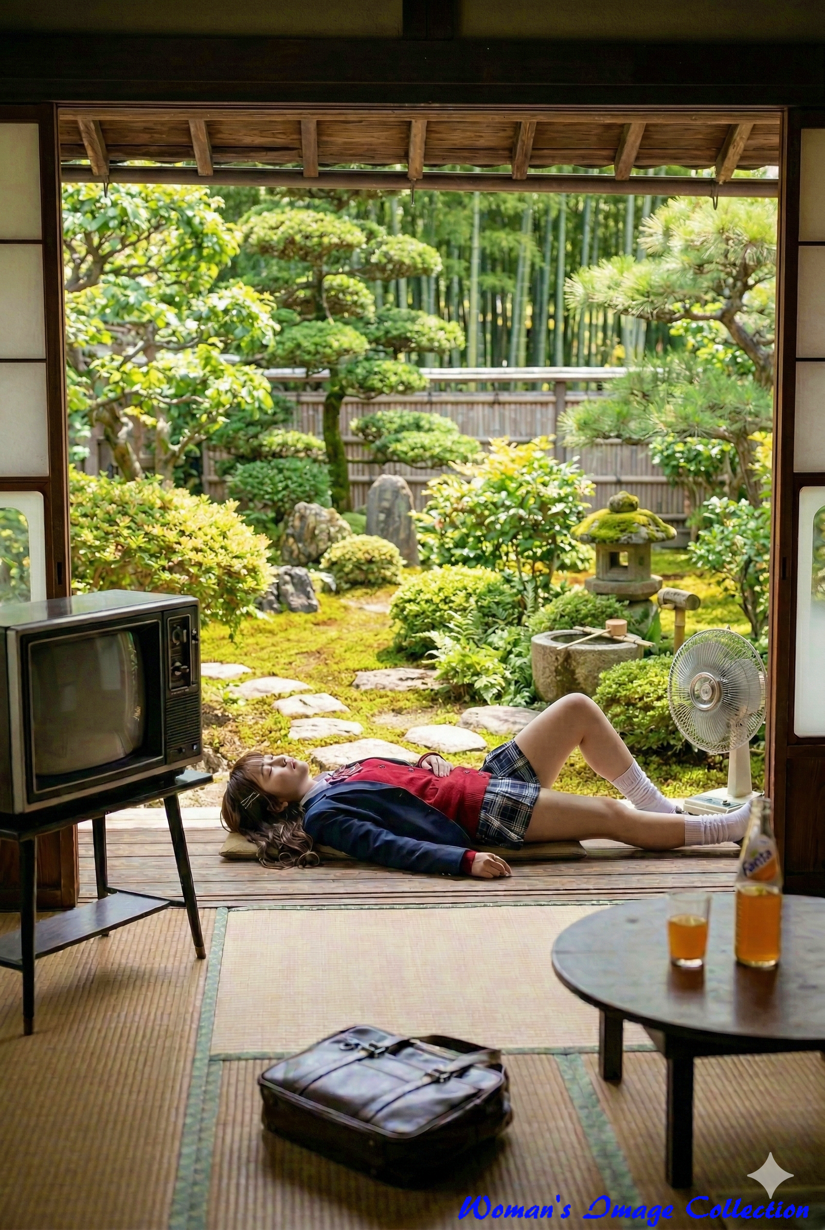 庭を手入れされた日本庭園に変更した、縁側で寝転ぶ制服姿の女子高生の画像