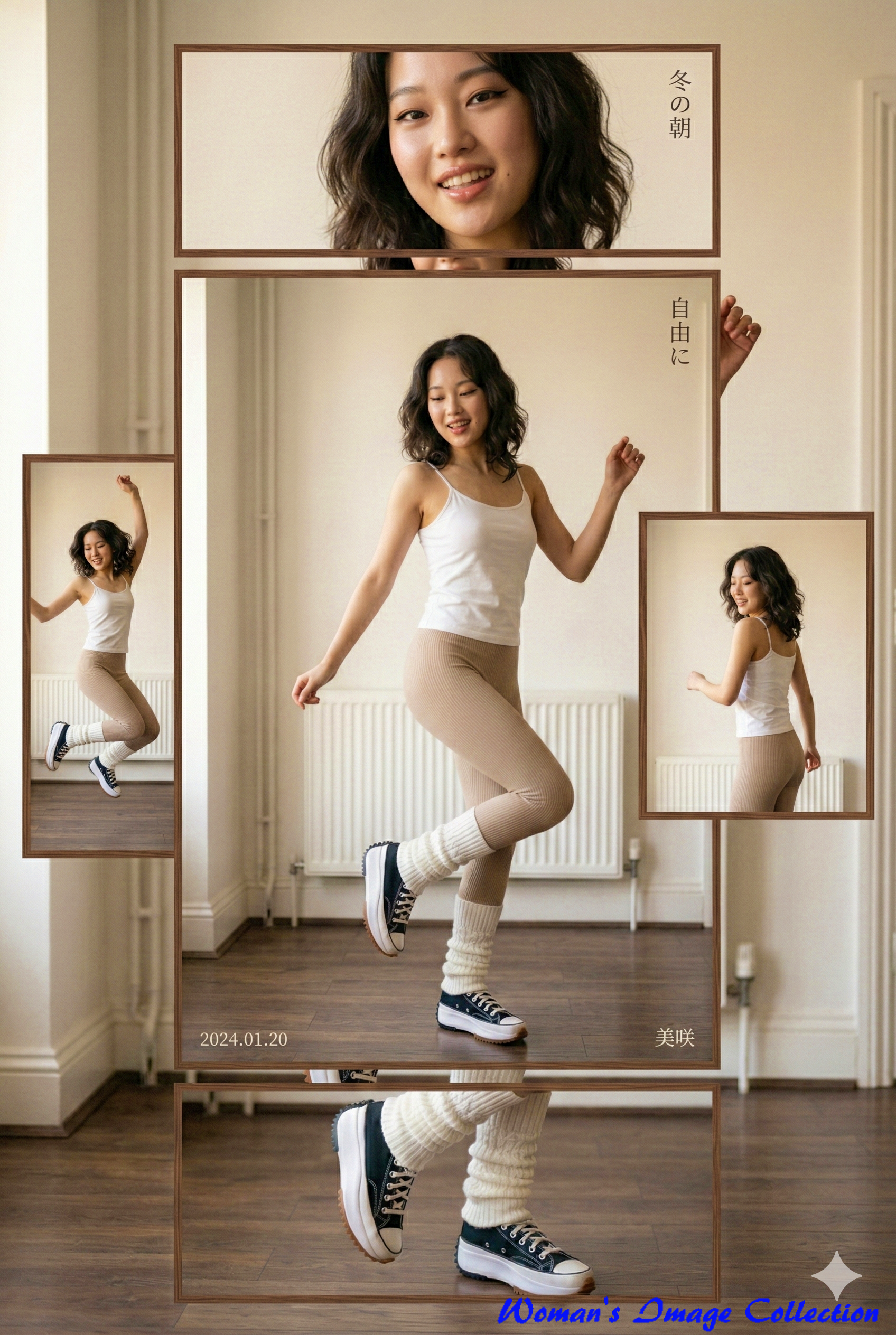 スポーティな服装の女性の様々なポーズをコラージュし、日本語テキストを配置した雑誌風レイアウト画像