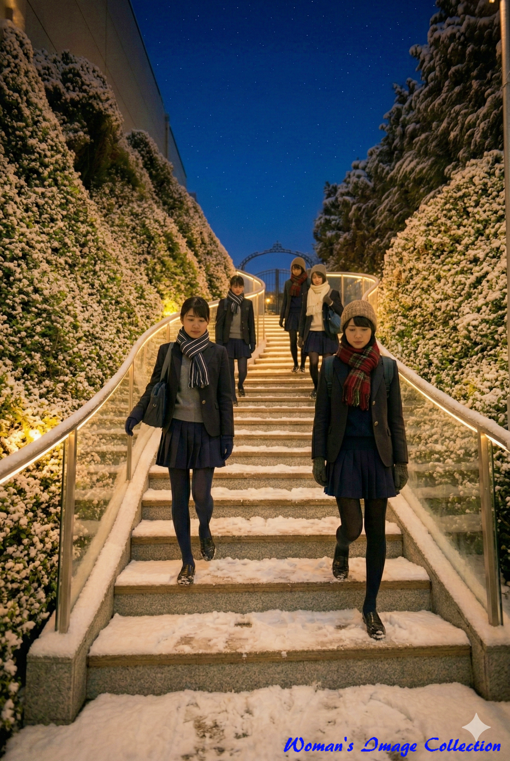 深い藍色の夜空を背景に、静かな雪の階段を下りる冬服姿の女子高生たち(超リアルな写真スタイル、Gemini生成)